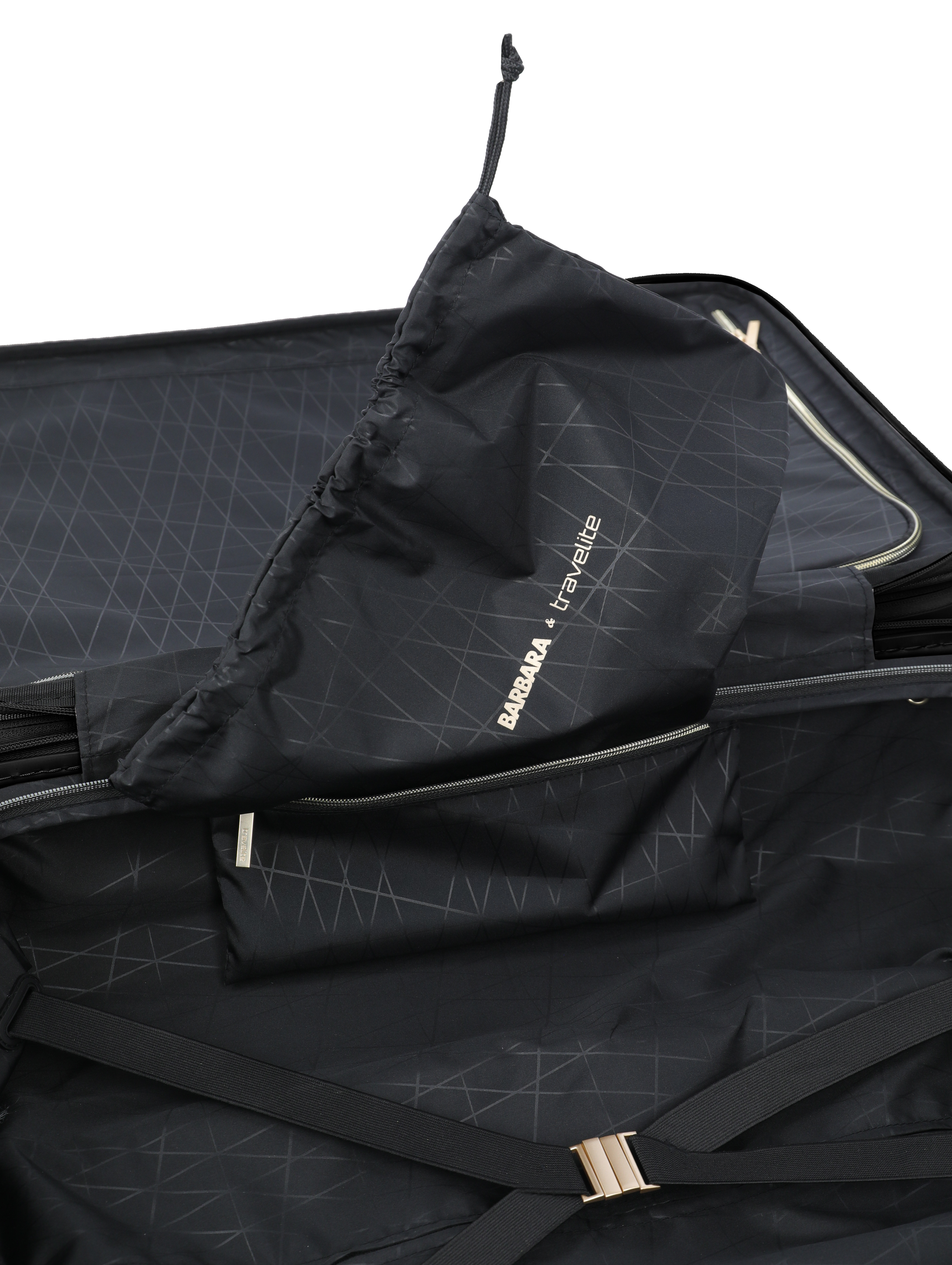 Innenansicht eines schwarzen Koffers mit Innentasche und elastischen Packgurten von travelite BARBARA