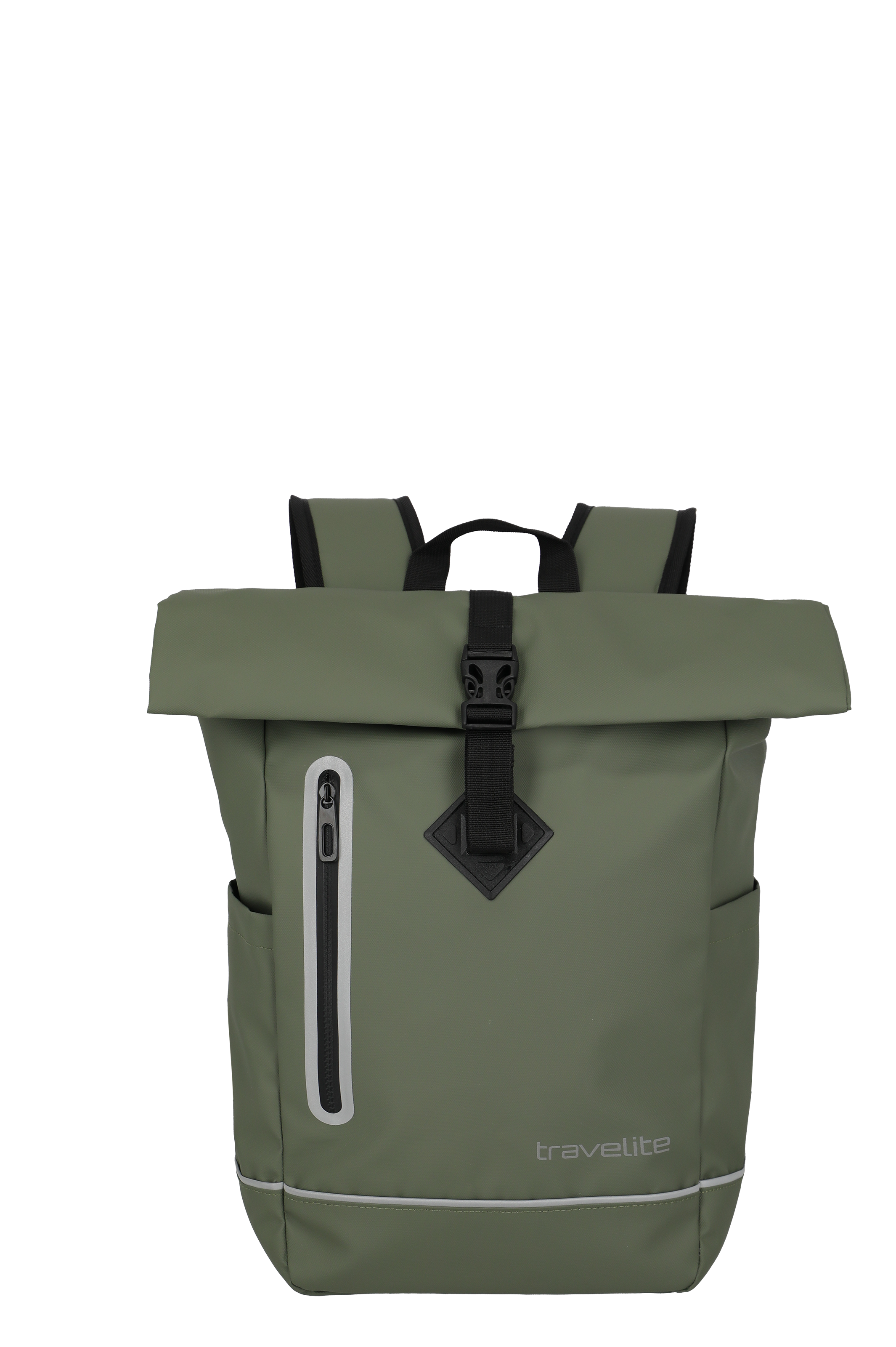 Front view of an olive green roll-up backpack from TRAVELITE against a black background. The backpack has an eye-catching roll-up opening, a black fastener and a small front pocket with zip. Further pockets are visible on the side.