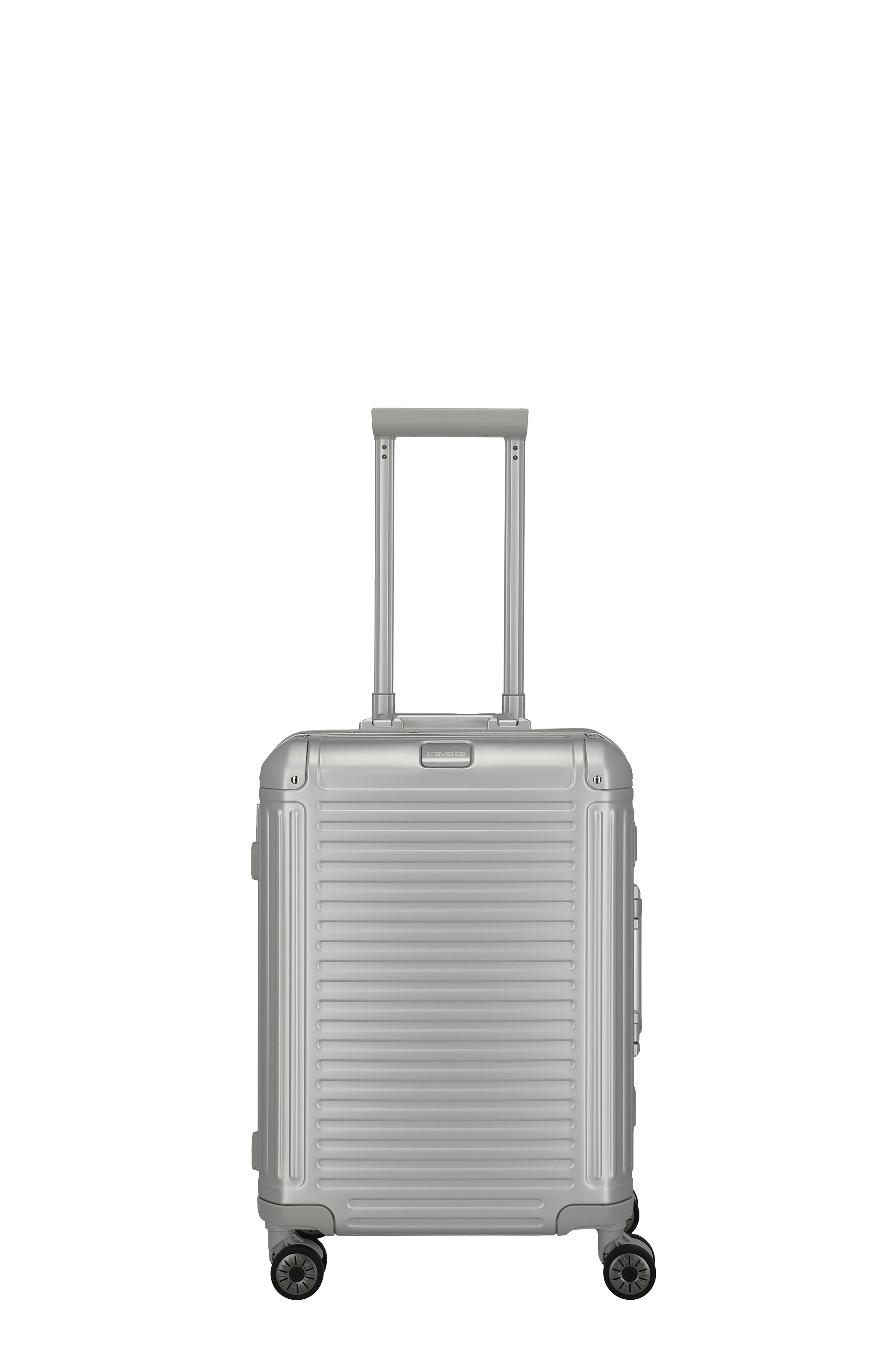Silberner Hartschalen-Trolley mit Teleskopgriff und vier Rollen – modernes Reisekoffer-Design Vorderansicht eines silbernen Trolleys mit ausziehbarem Griff und vier Rollen, ideal als Handgepäck