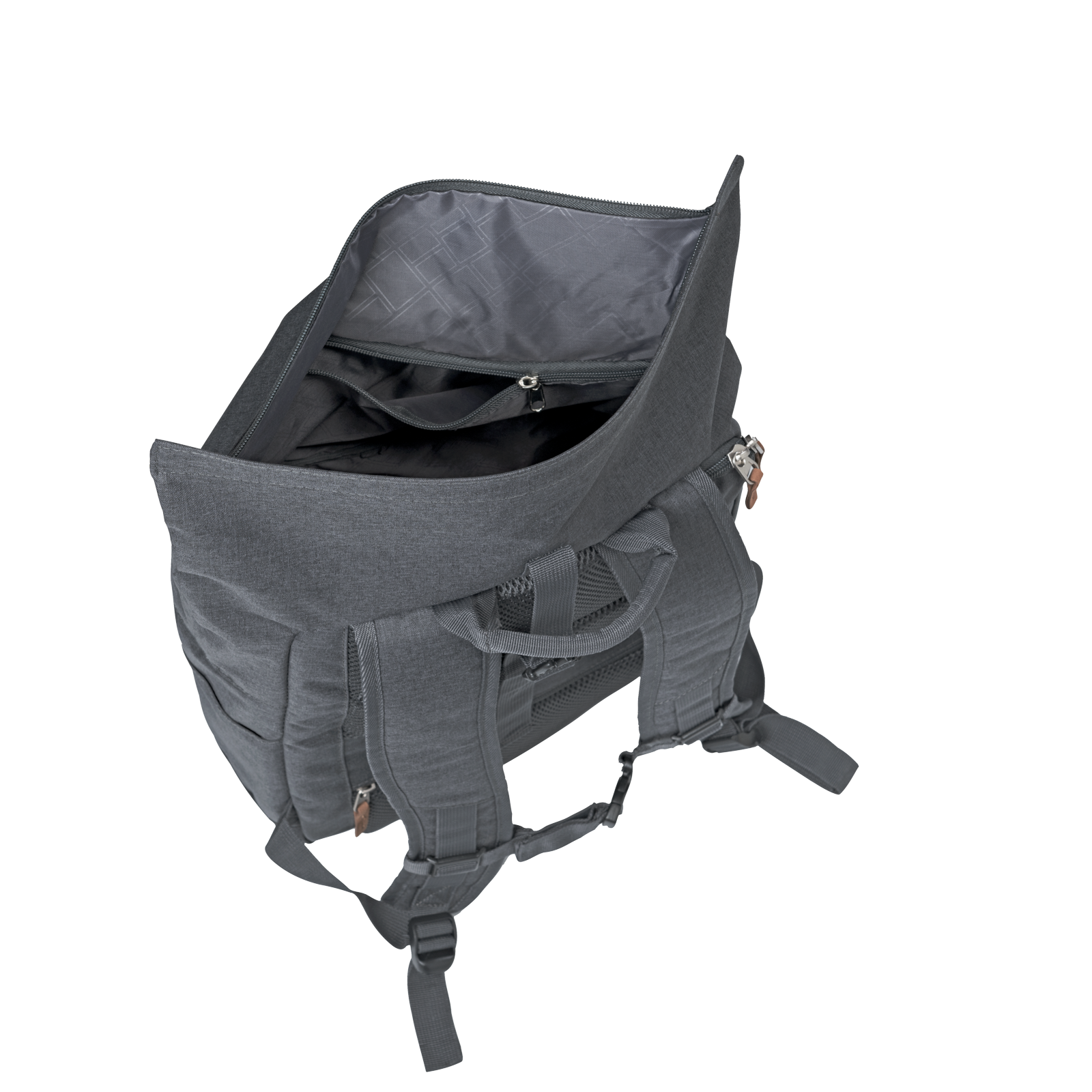 Grauer Rucksack mit geräumigem Hauptfach