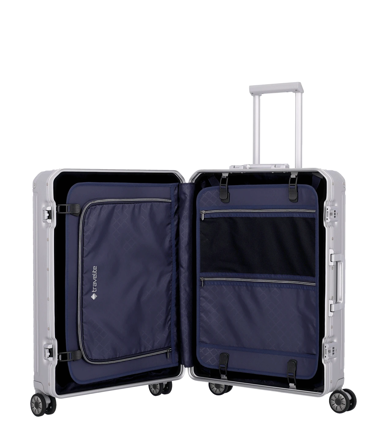 silberner Aluminium Koffer Next von travelite Innenansicht