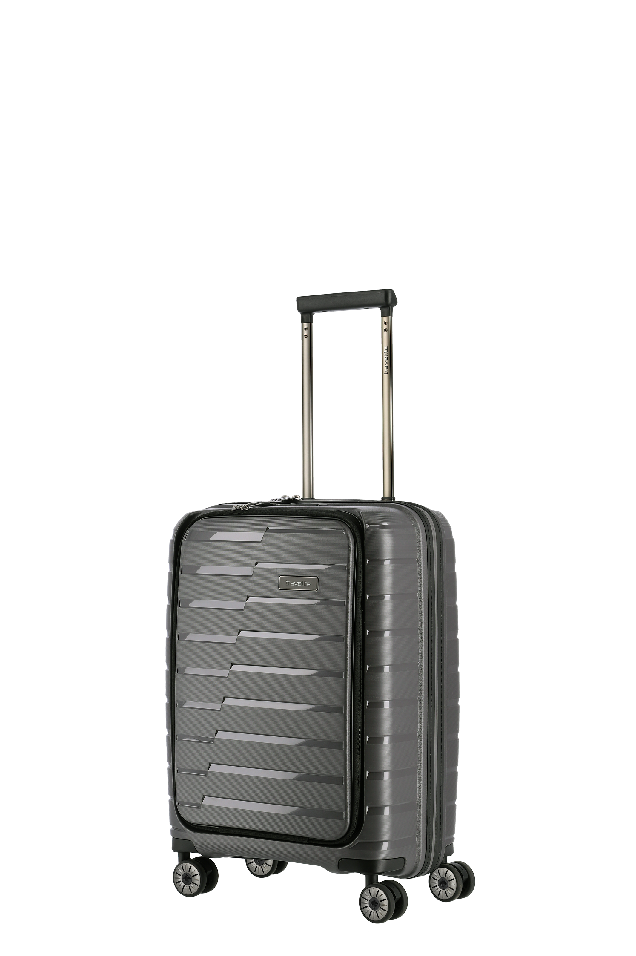 Grauer Hartschalen-Trolley mit vier Rollen und Teleskopgriff, ideal als Handgepäck für Reisen