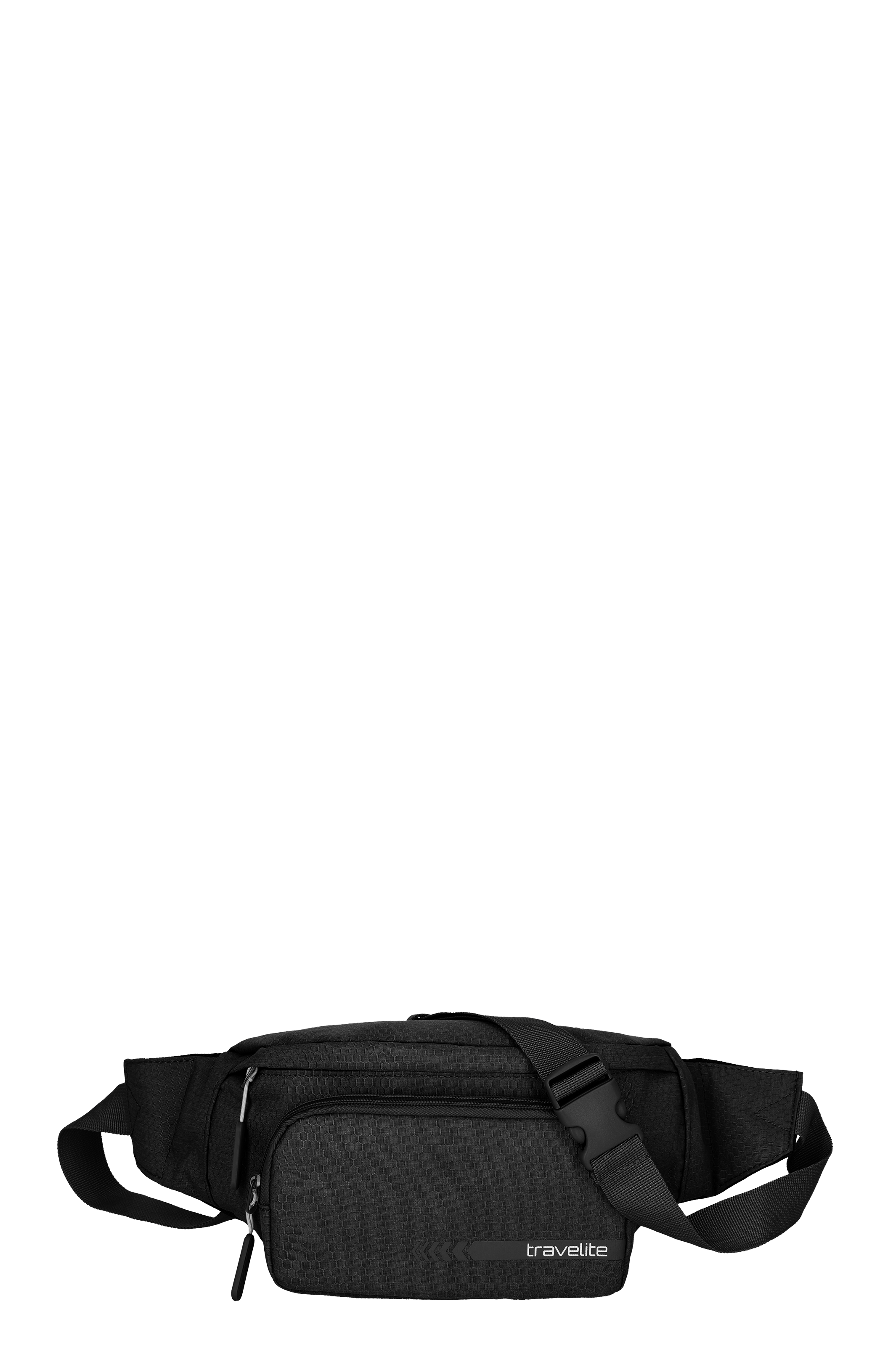 Sac banane Travelite noir avec deux compartiments zippés. La ceinture est munie d'une fermeture à glissière noire. Le logo Travelite est visible sur le sac. Le fond est noir.