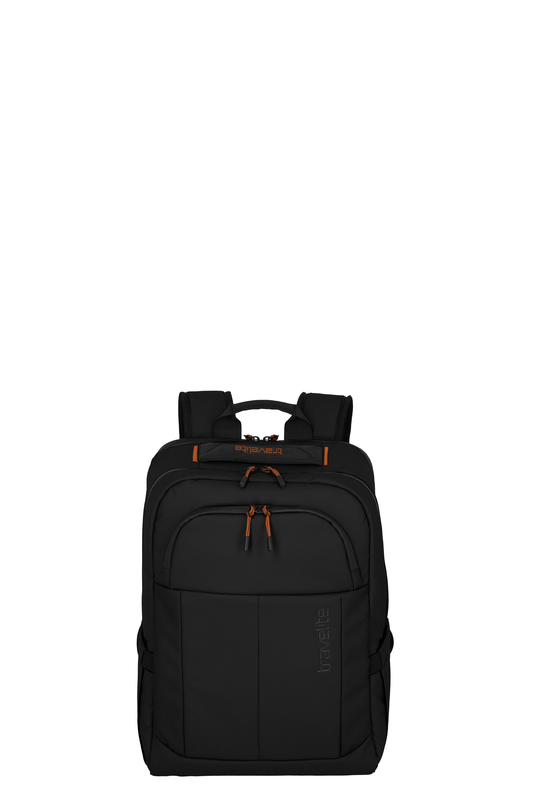 Vooraanzicht van de zwarte rugzak M van Travelite, met handvat en schouderbanden. Details zoals ritssluitingen en het Travelite logo zijn in oranje. De rugzak heeft twee hoofdcompartimenten.