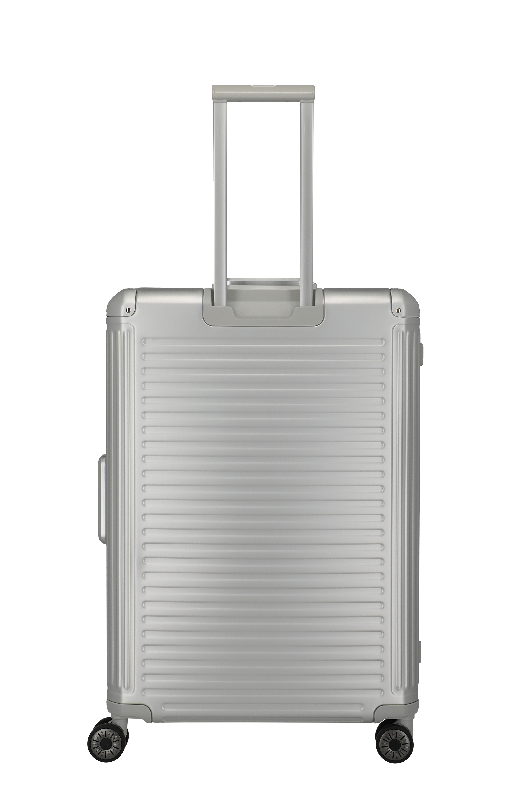 Moderner silberner Hartschalenkoffer mit Teleskopgriff und vier Rollen