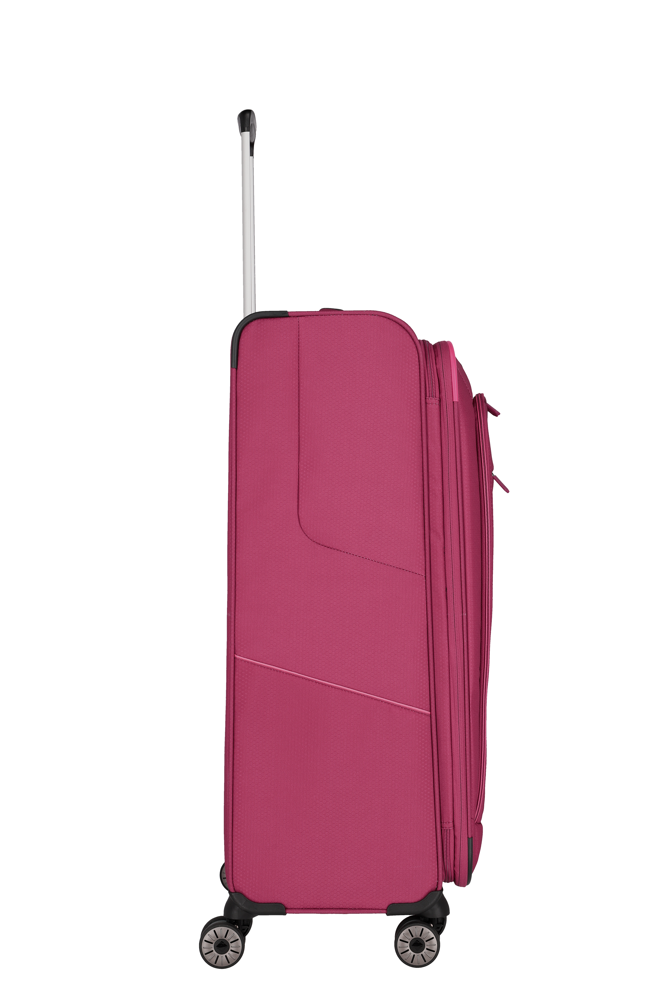 Moderner pinker Trolley-Koffer mit vier Rollen und ausziehbarem Griff, Seitenansicht