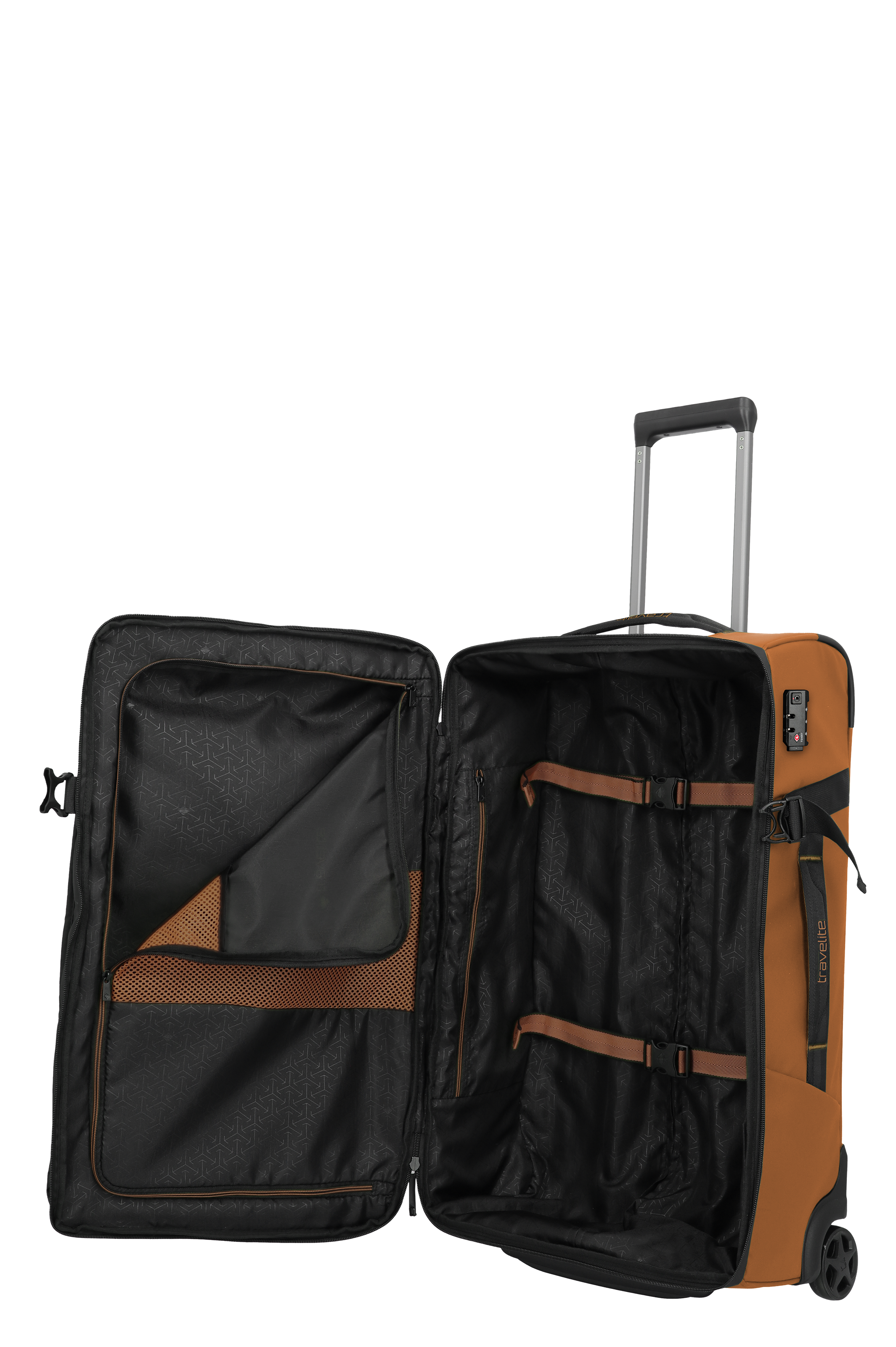 Geöffneter brauner Koffer mit großem Hauptfach, Spanngurten und Organizer-Fächern