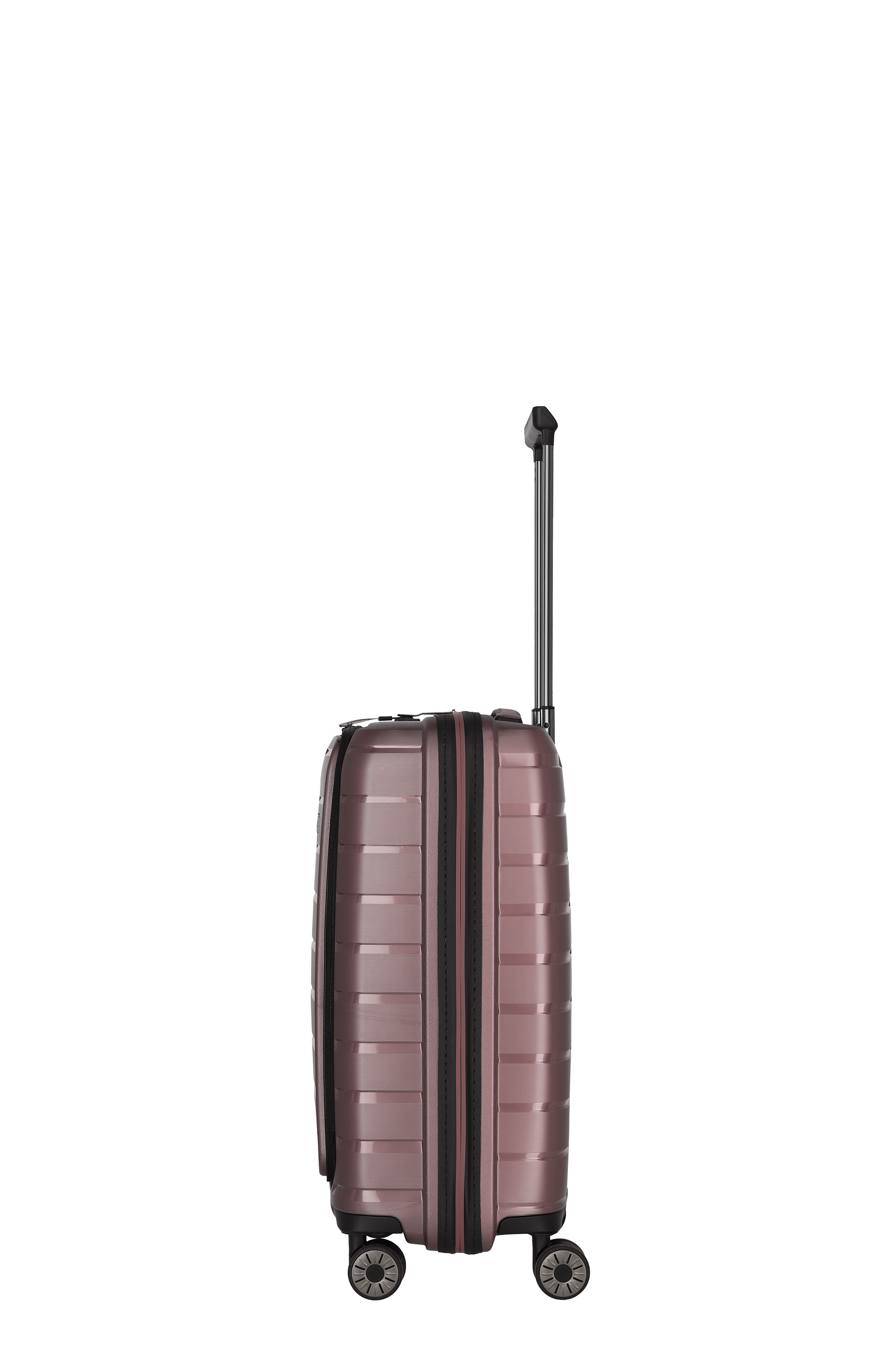 Koffer in Roségold mit Hartschale und Teleskopgriff, Seitenansicht, modernes Design, vier Doppelrollen