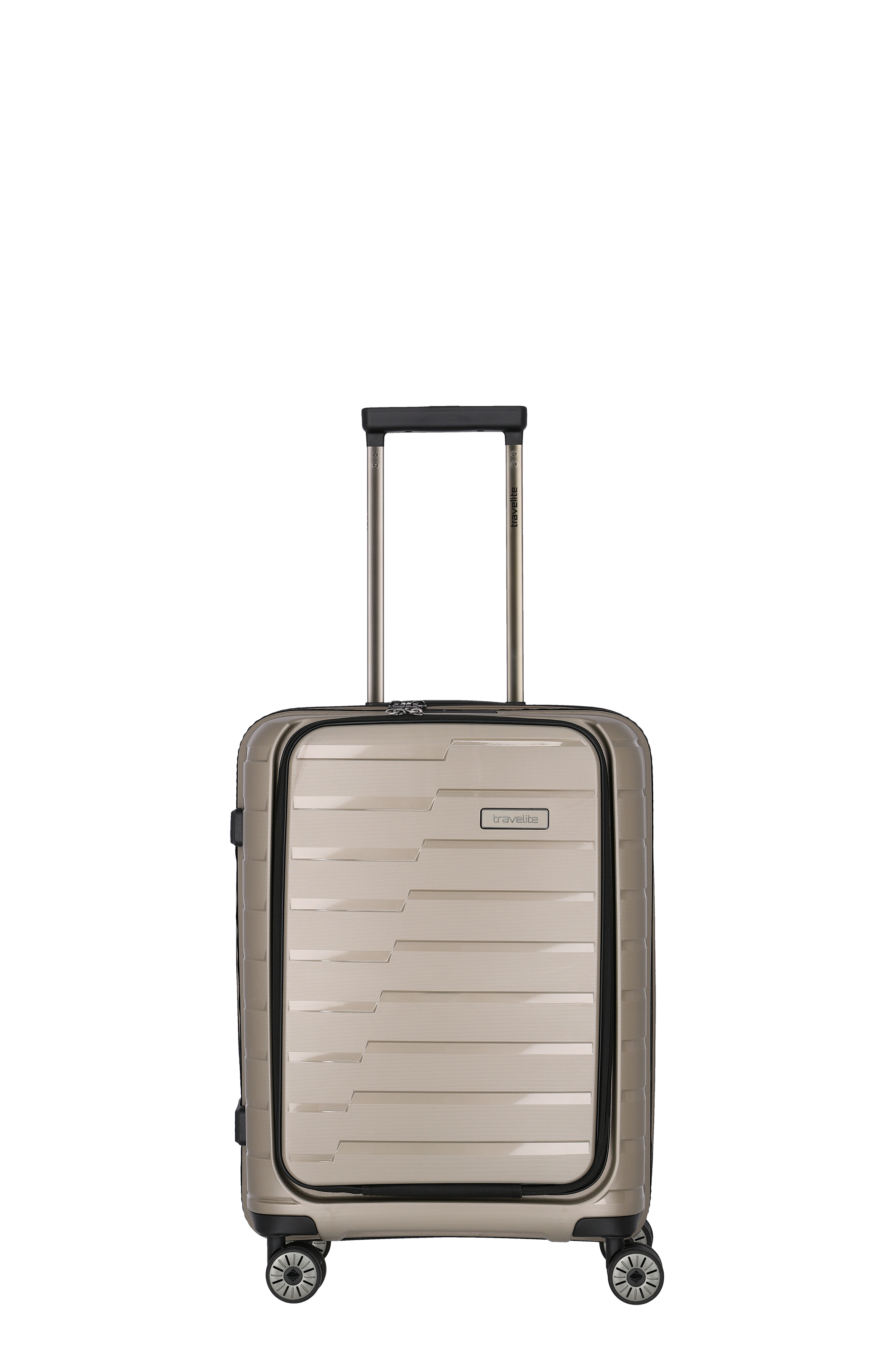 Travellite Hartschalenkoffer in Beige mit Teleskopgriff und vier Rollen – Handgepäckgröße Beiger Hartschalenkoffer von Travellite mit Teleskopgriff und vier Rollen, ideal als Handgepäck