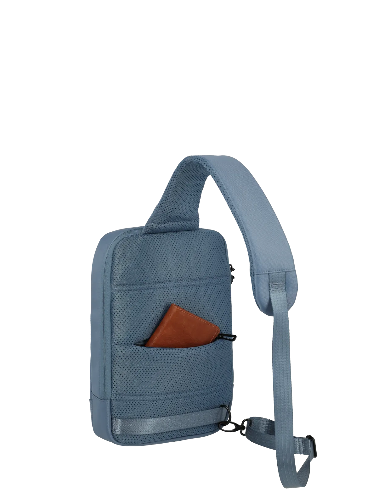 Rückansicht einer blauen Umhängetasche mit außenliegender Tasche und braunem Portemonnaie