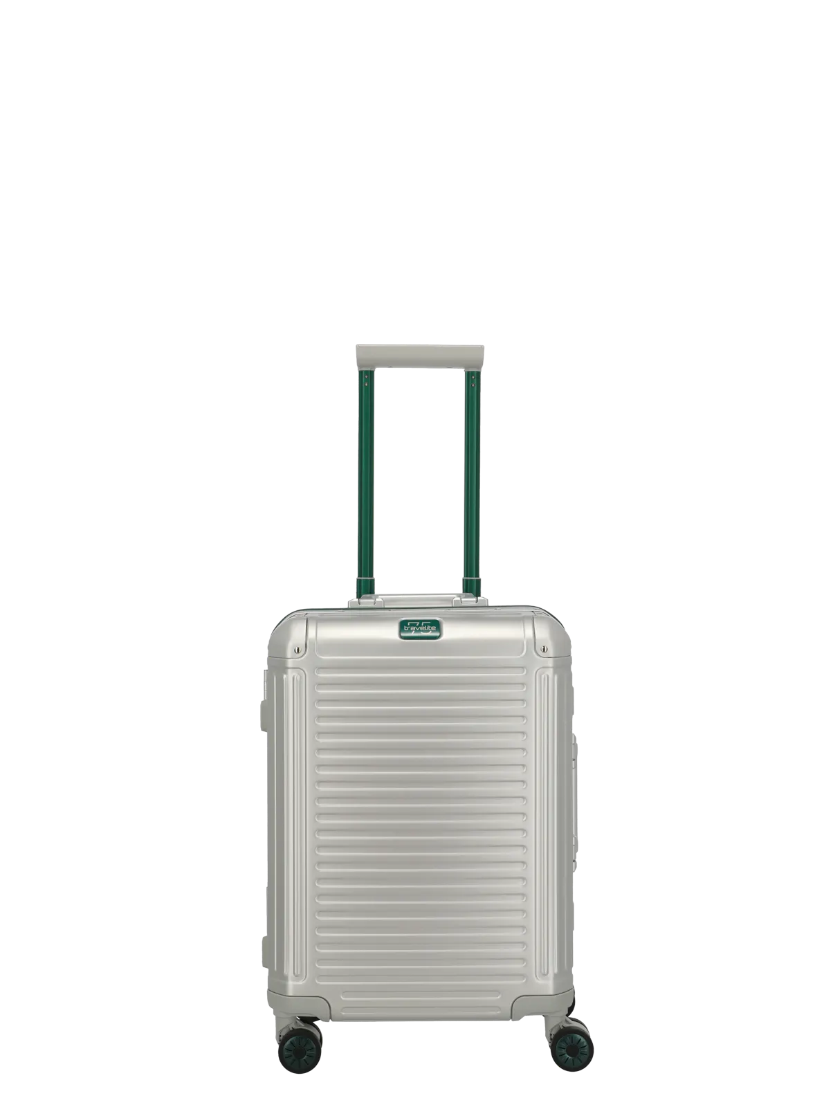Leichter silberner Hartschalen-Kabinenkoffer mit vier Rollen und ausziehbarem Griff Silberner Trolley-Kabinenkoffer mit geriffeltem Design, vier Rollen und grünem Teleskopgriff, frontal aufgenommen