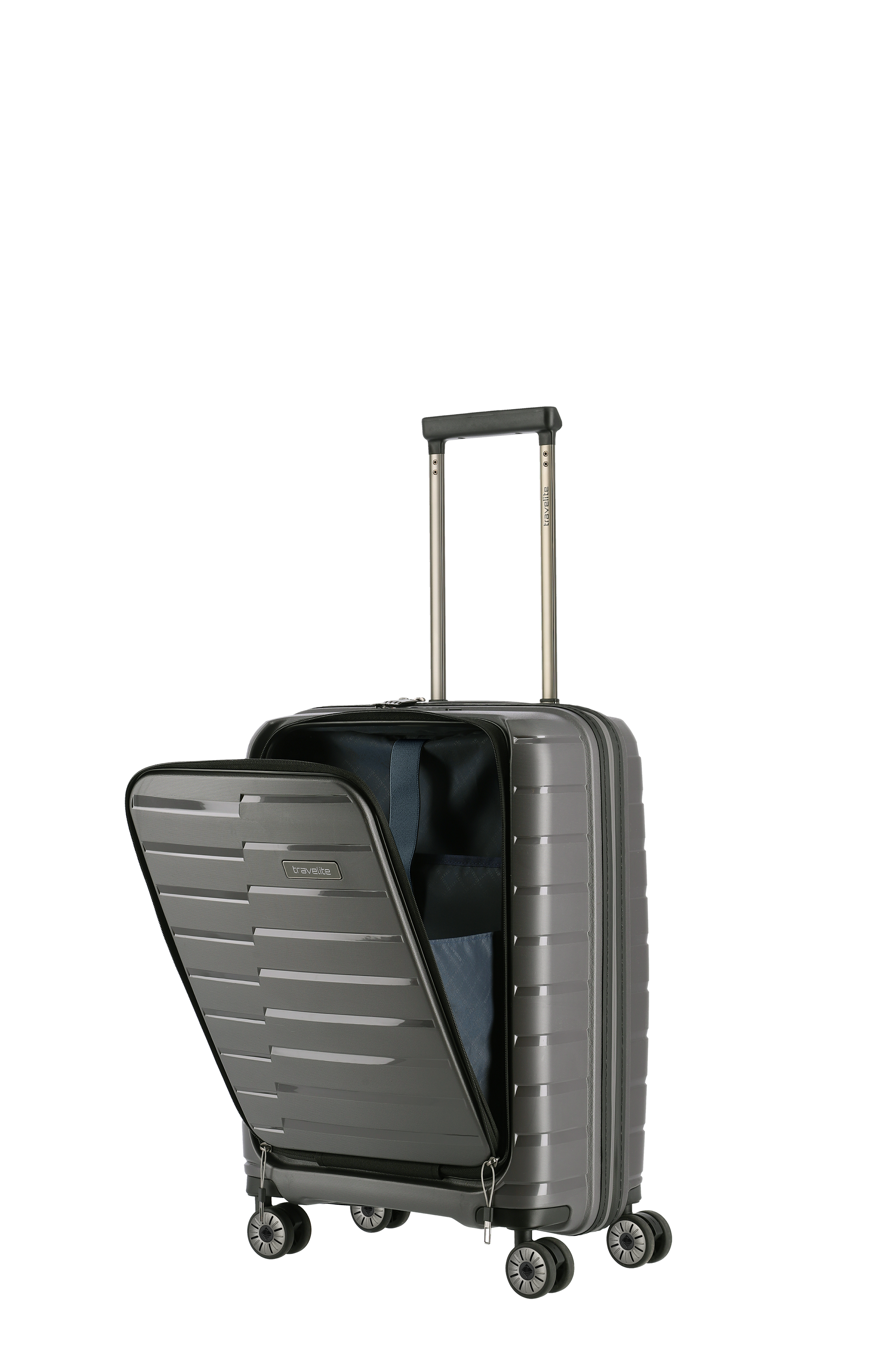 Robuster Hartschalen-Trolley mit vier Rollen, ausziehbarem Griff und Frontfach in Grau – ideal als Handgepäck