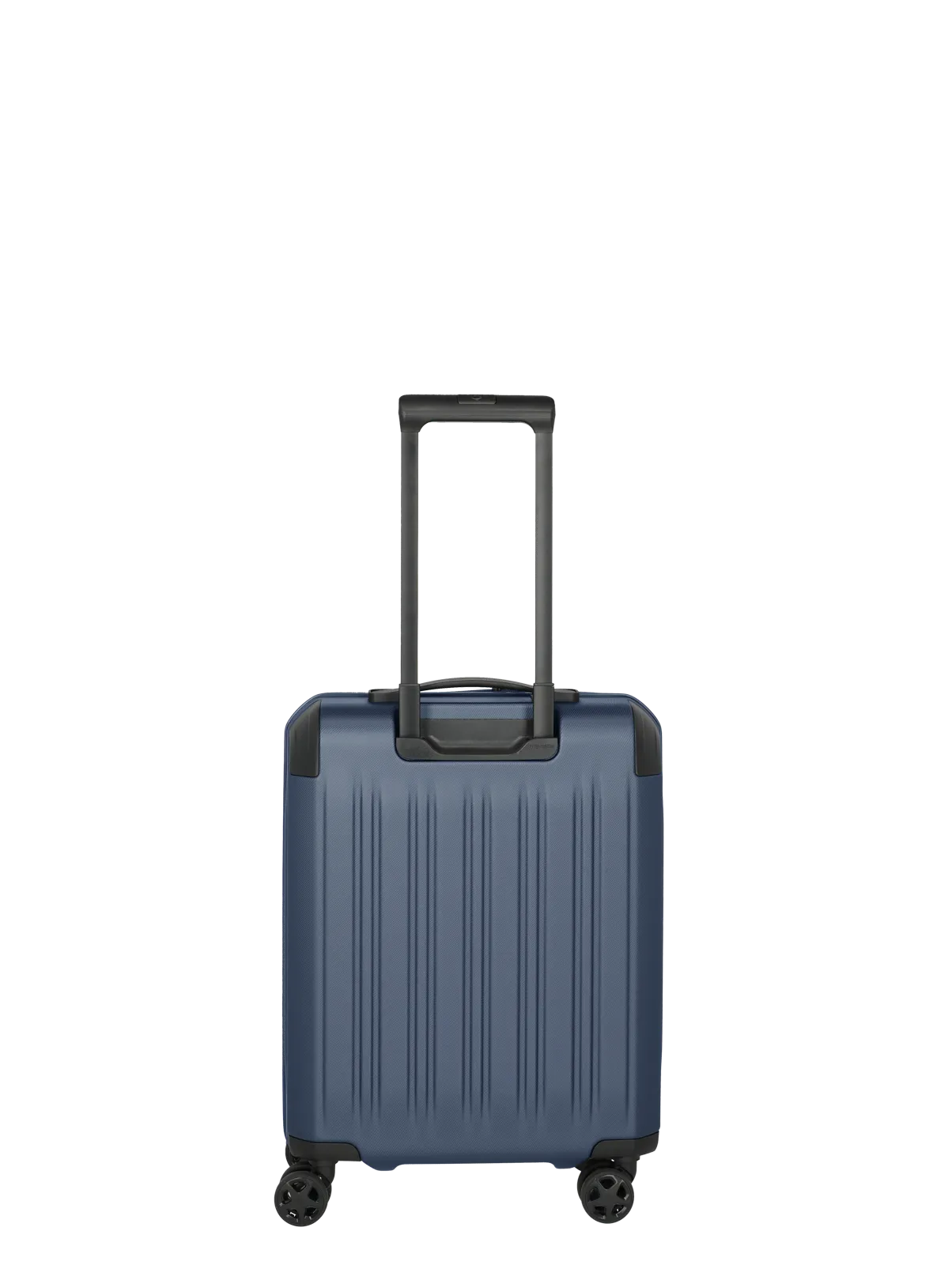Blauer Hartschalen-Trolley mit Teleskopgriff und vier Rollen – Rückansicht