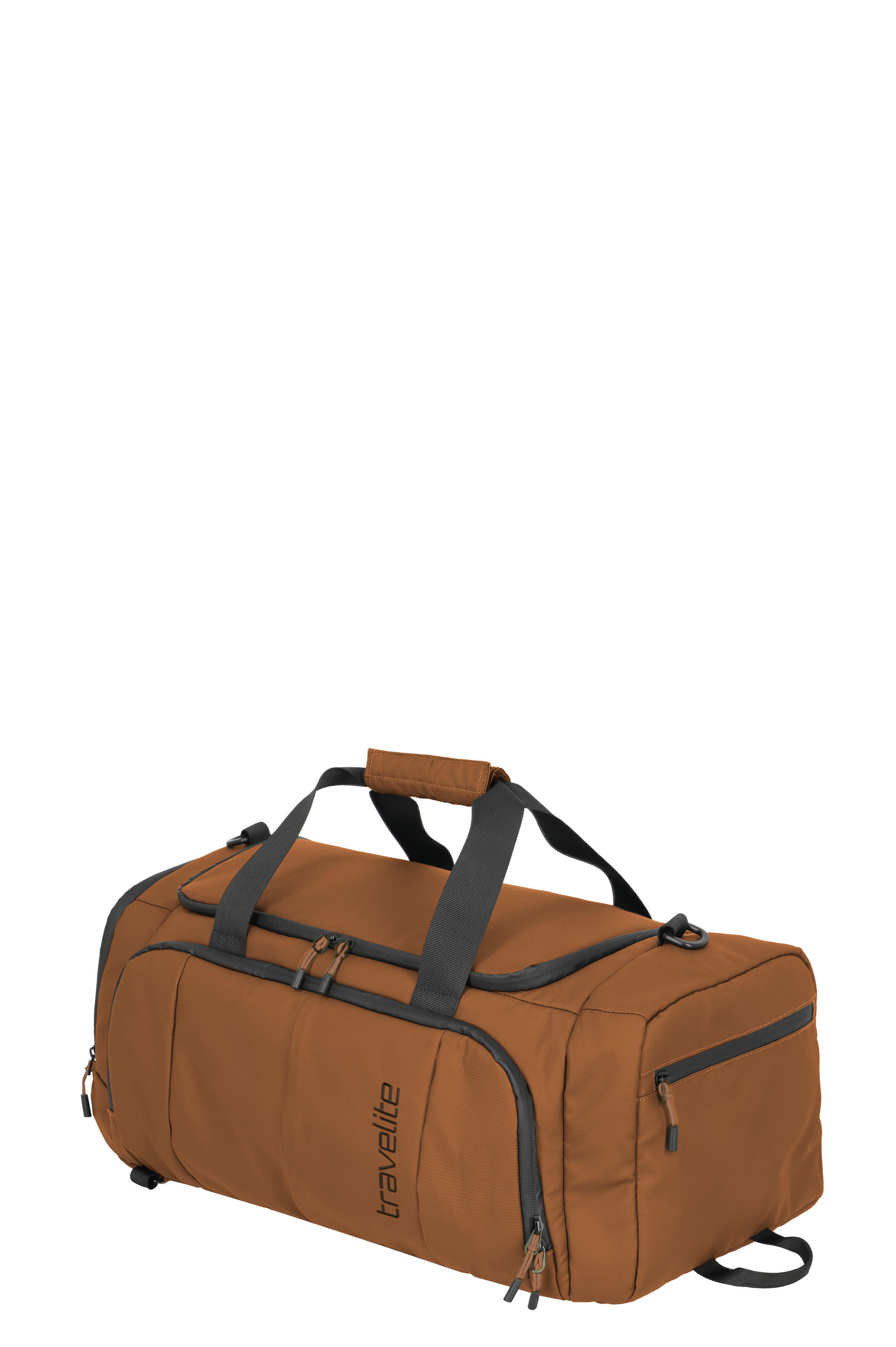 Braune Reisetasche von travelite mit schwarzen Tragegriffen und Reißverschlusstaschen