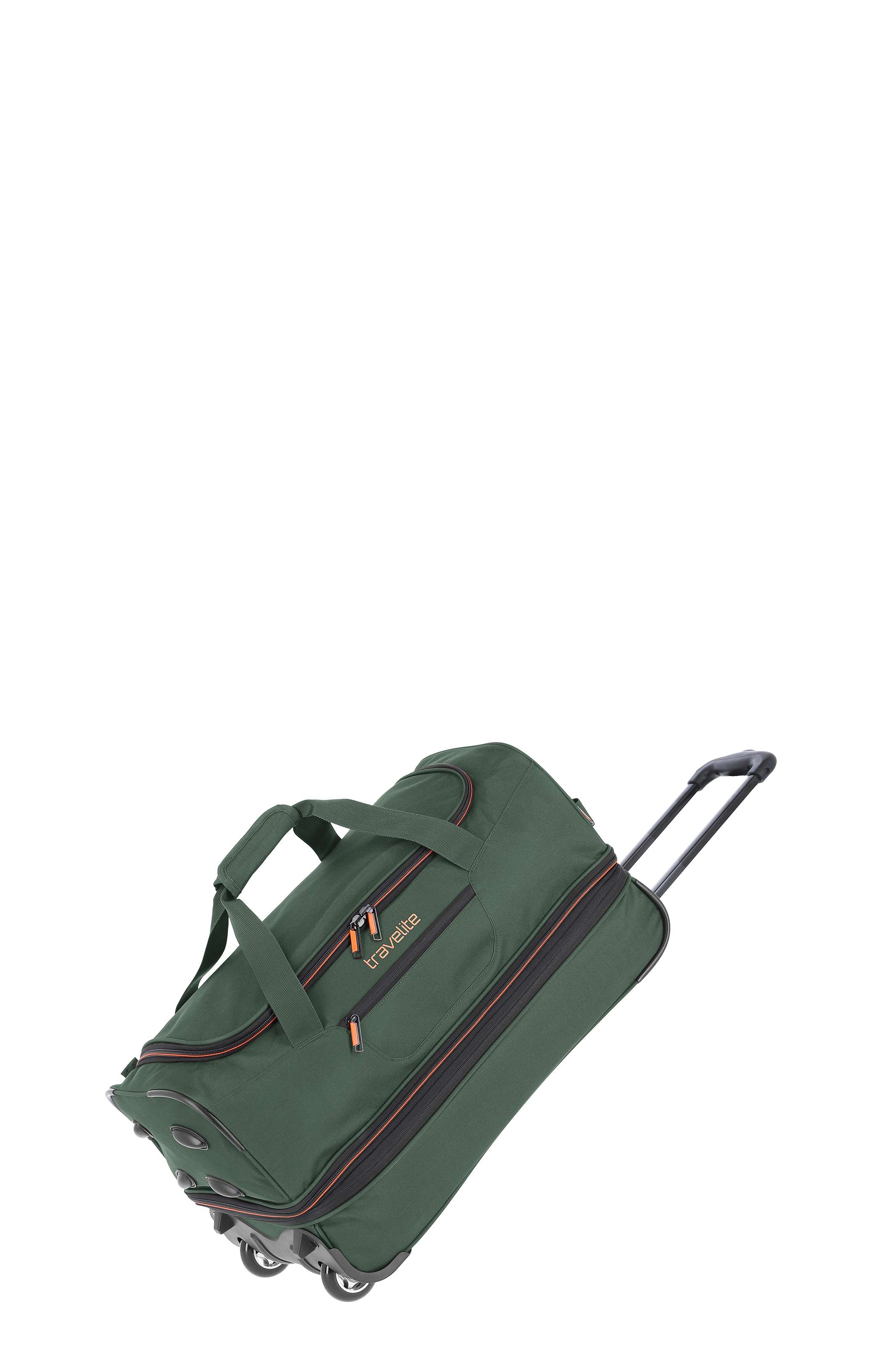 Grüne TRAVELITE Reisetasche Trolley S mit Tragegriffen und ausziehbarem Griff. Akzentuierte Reißverschlüsse und das Logo in Orange. Mehrere Rollen am Boden für einfachen Transport.