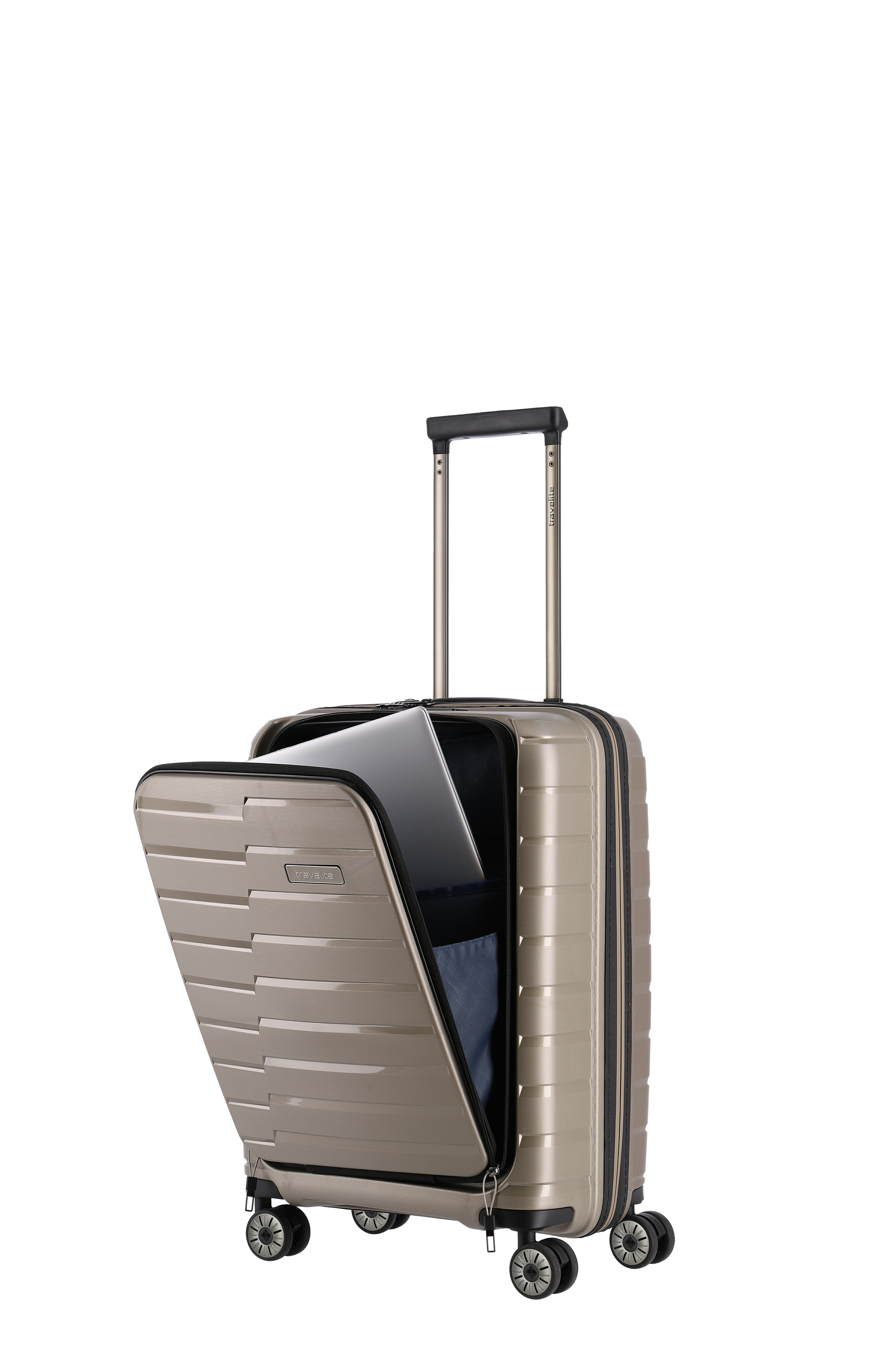 Hartschalenkoffer mit Frontfach für Laptop und Teleskopgriff in Beige – moderner Kabinen-Trolley mit vier Rollen