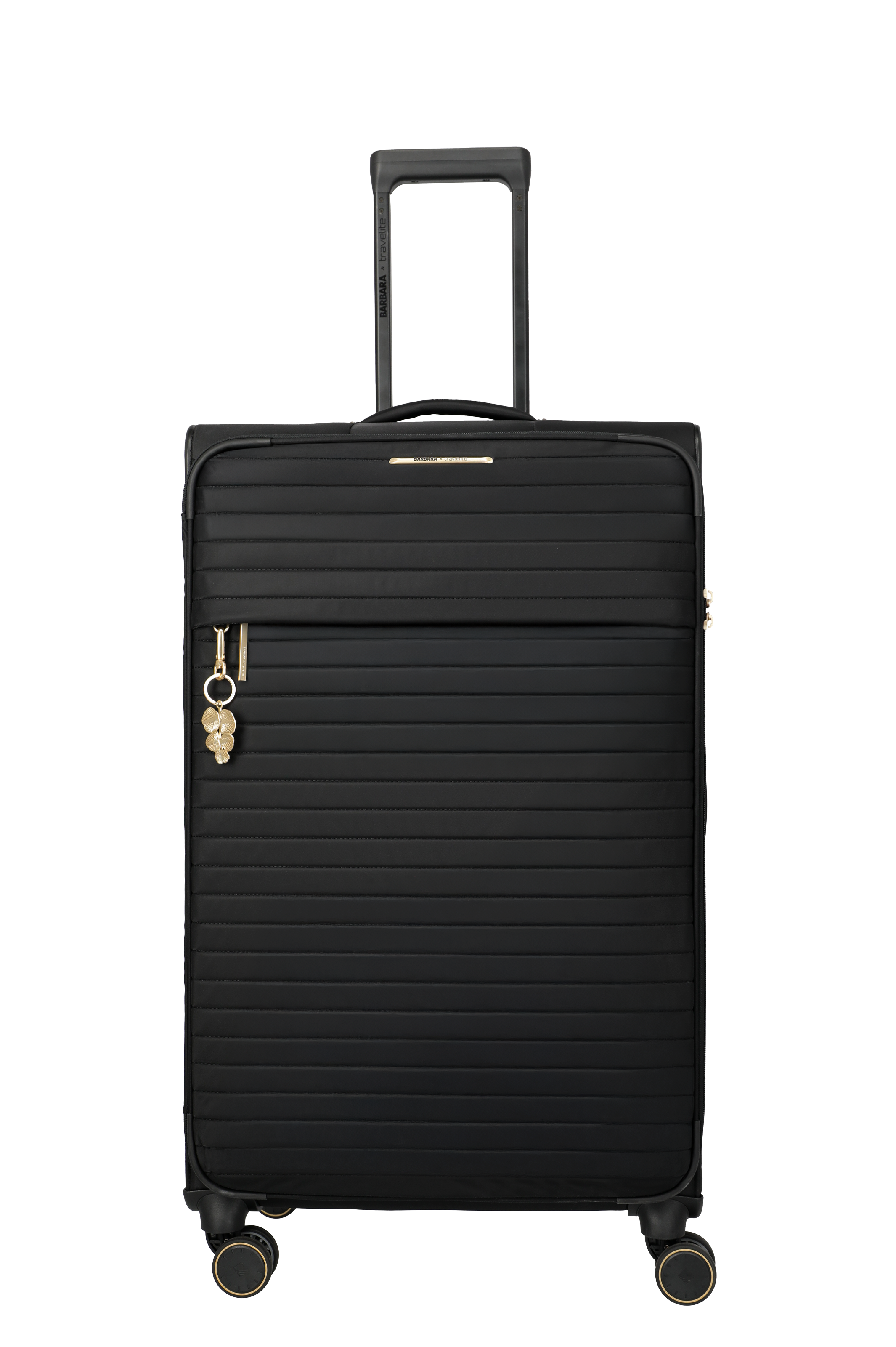 Schwarzer Trolley-Koffer mit Goldanhänger und vier Rollen, modernes Design für stilvolles Reisen Großer schwarzer Reisekoffer mit vier Rollen, Fronttasche und goldfarbenem Anhänger am Reißverschluss