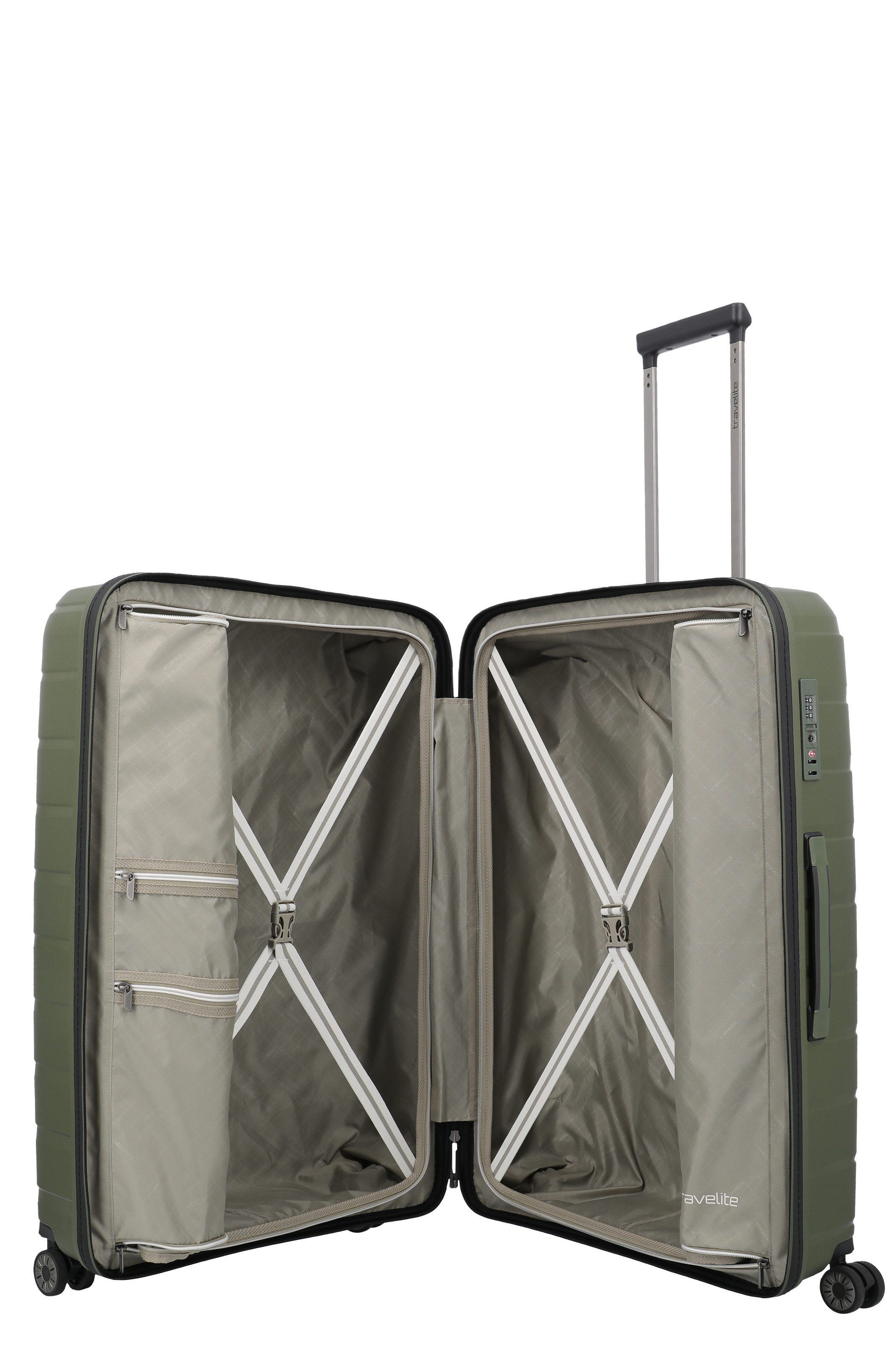 Großer Hartschalenkoffer in Khaki mit offener Innenansicht, Kreuzspanngurten und Organizer-Fächern