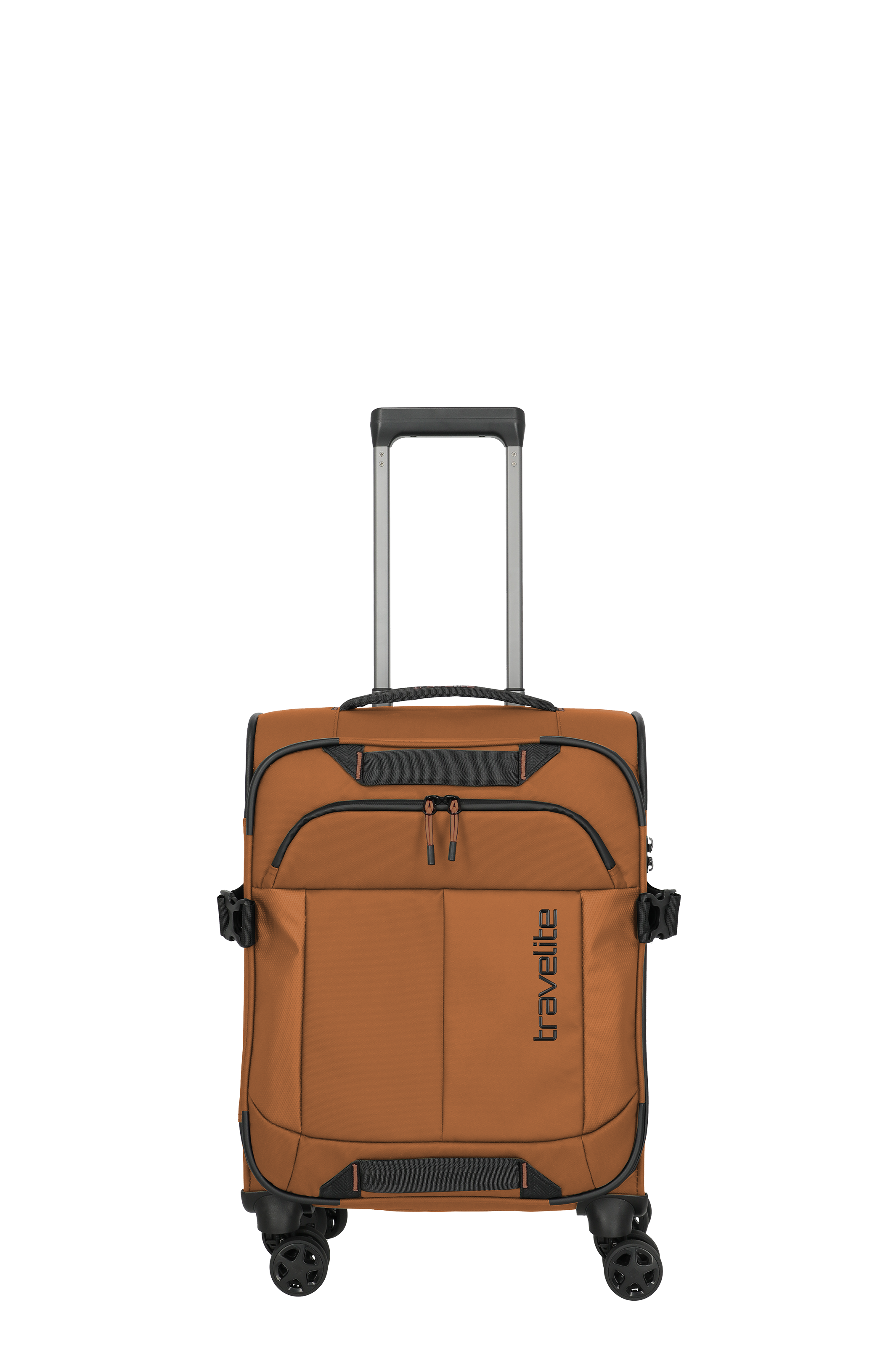 Brauner Travelite Koffer mit vier Rollen und ausziehbarem Griff, praktischer Reisetrolley
