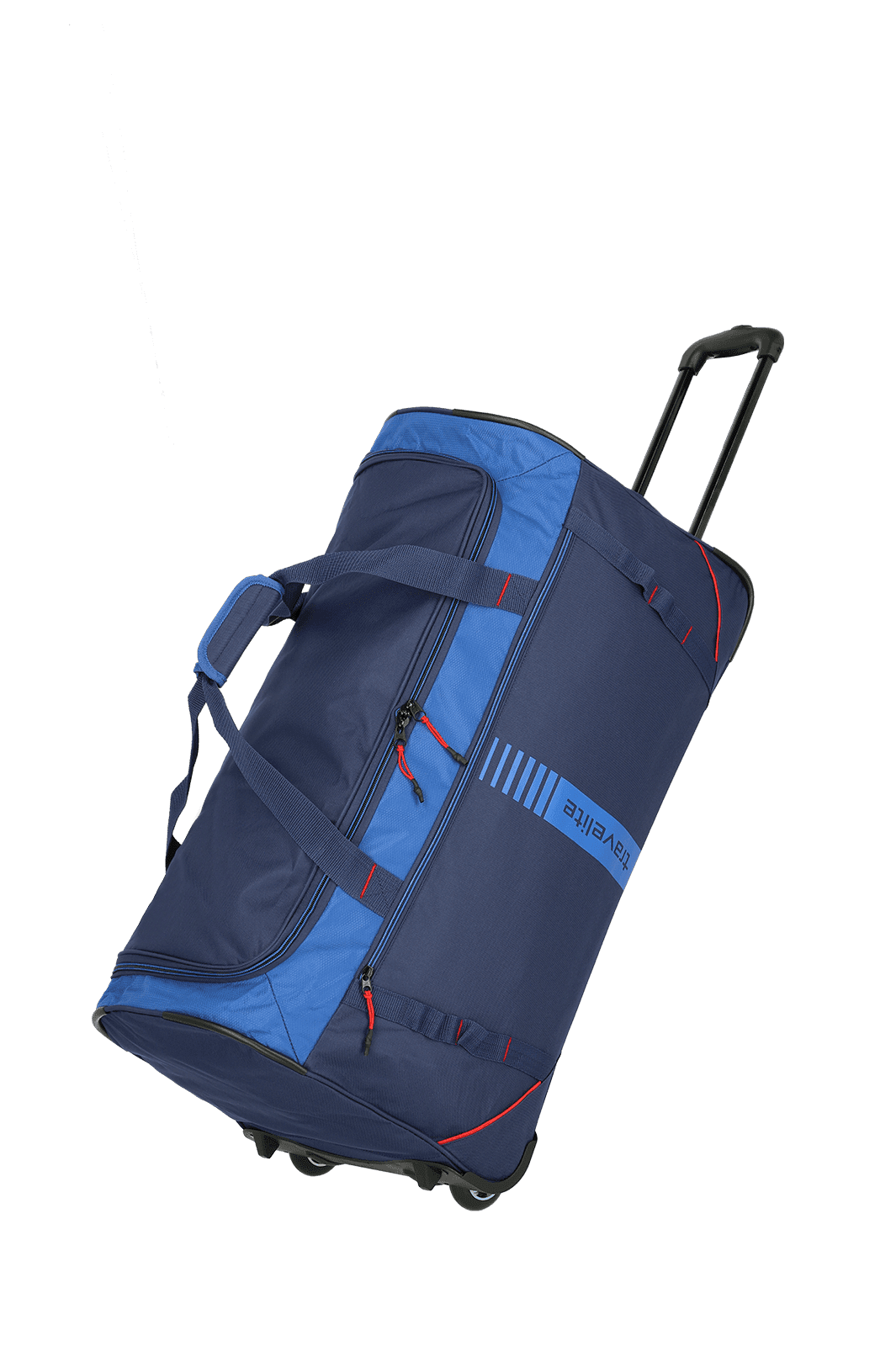 Große Reisetasche mit Rollen in Blau und Schwarz Blau-schwarze Reisetasche mit Rollen und Griff, ideal für lange Reisen