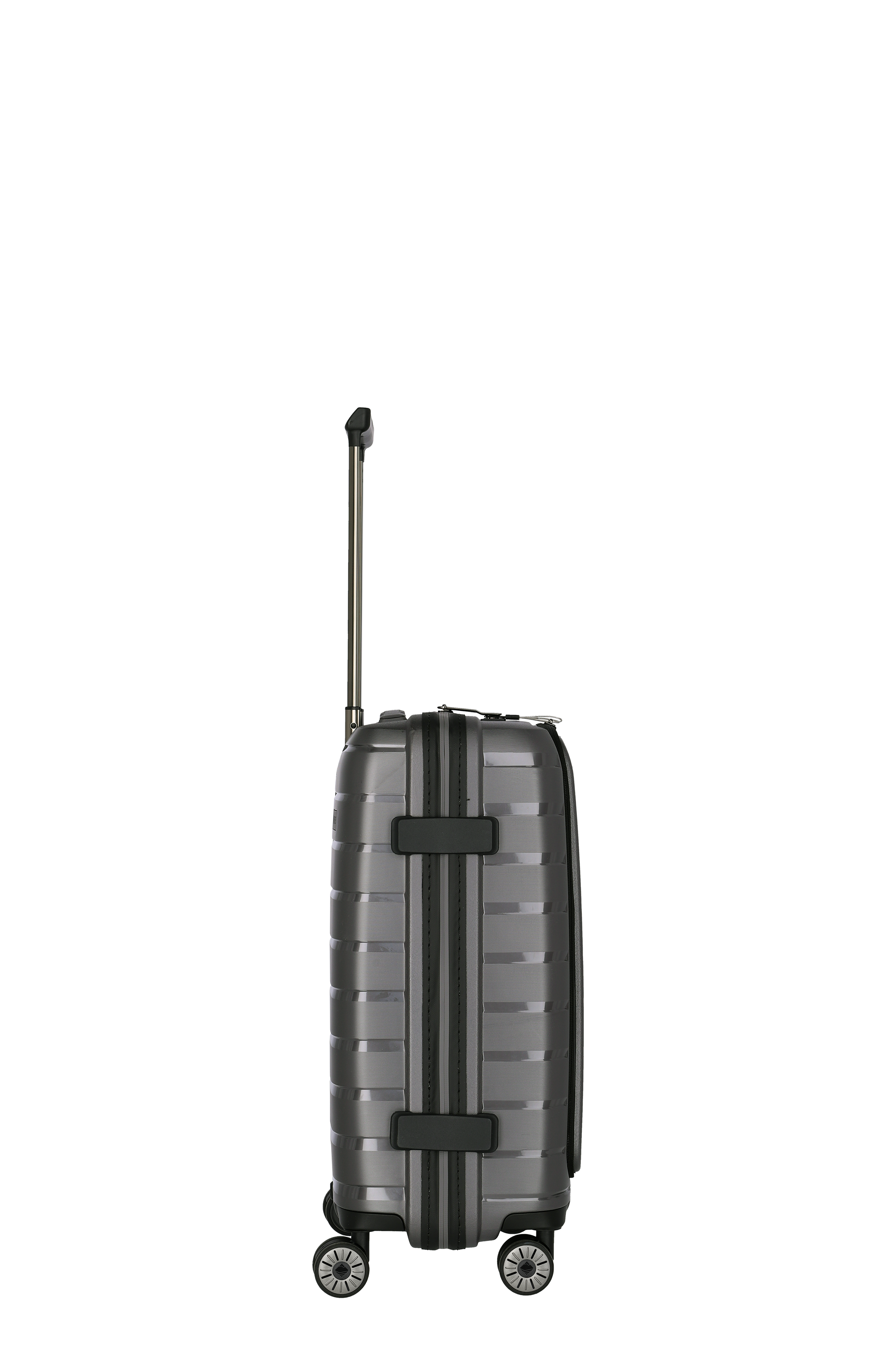 Moderner Hartschalenkoffer in Grau mit vier Rollen – Seitenansicht