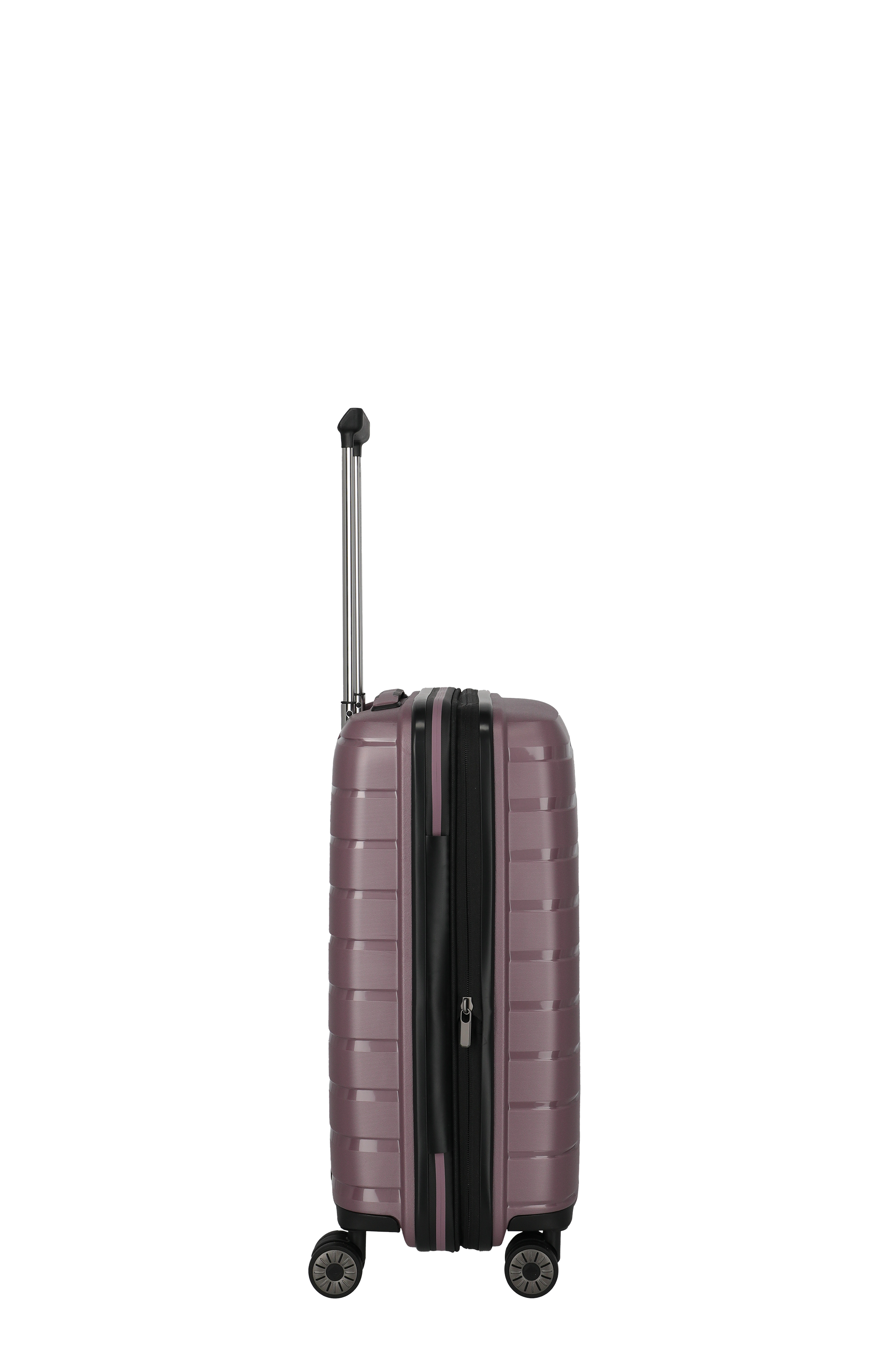 Hartschalenkoffer in Lila mit Teleskopgriff und vier Rollen, Seitenansicht