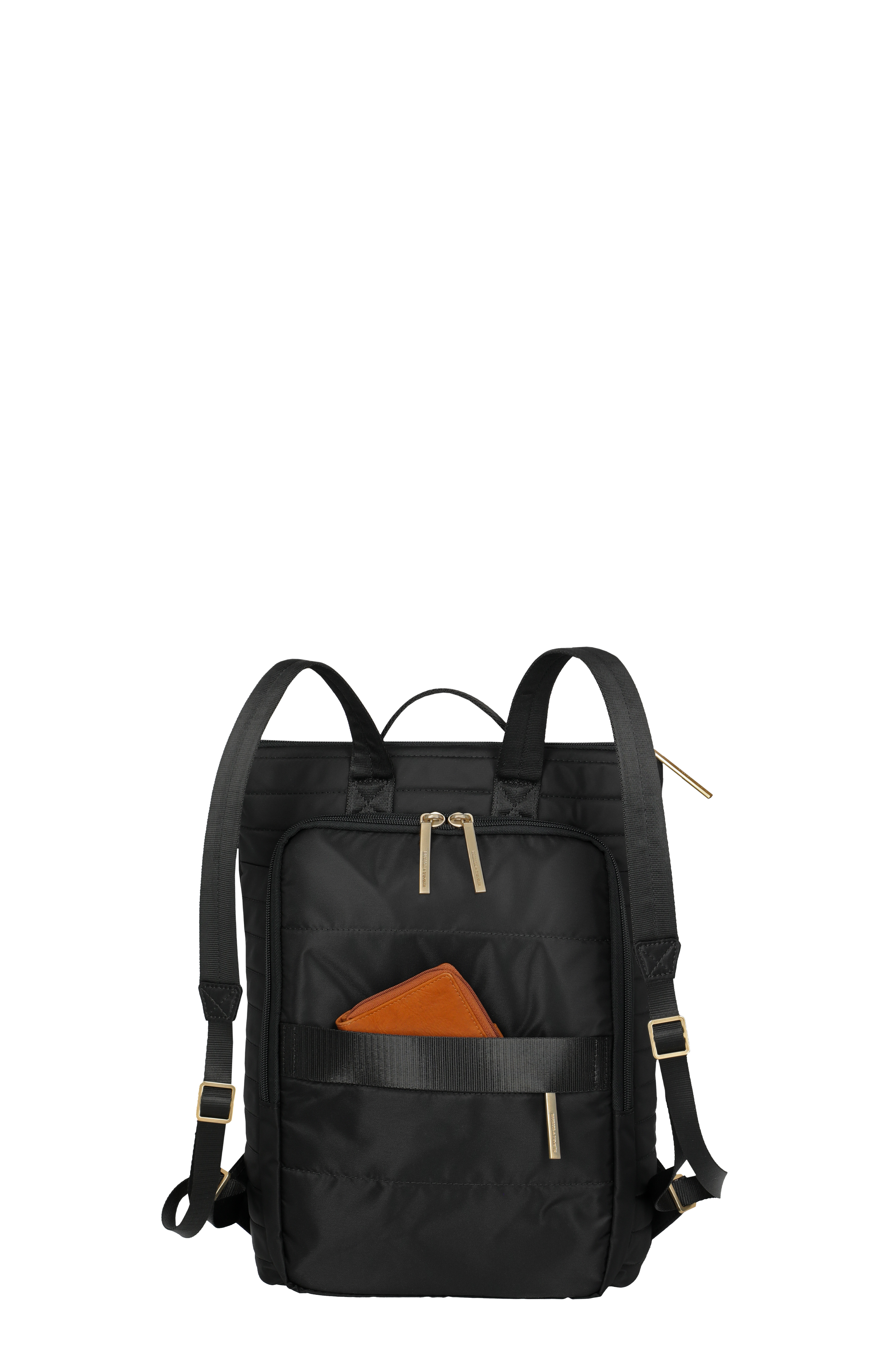 Schwarzer Rucksack mit Vordertasche und brauner Geldbörse – Moderner, vielseitiger Tagesrucksack