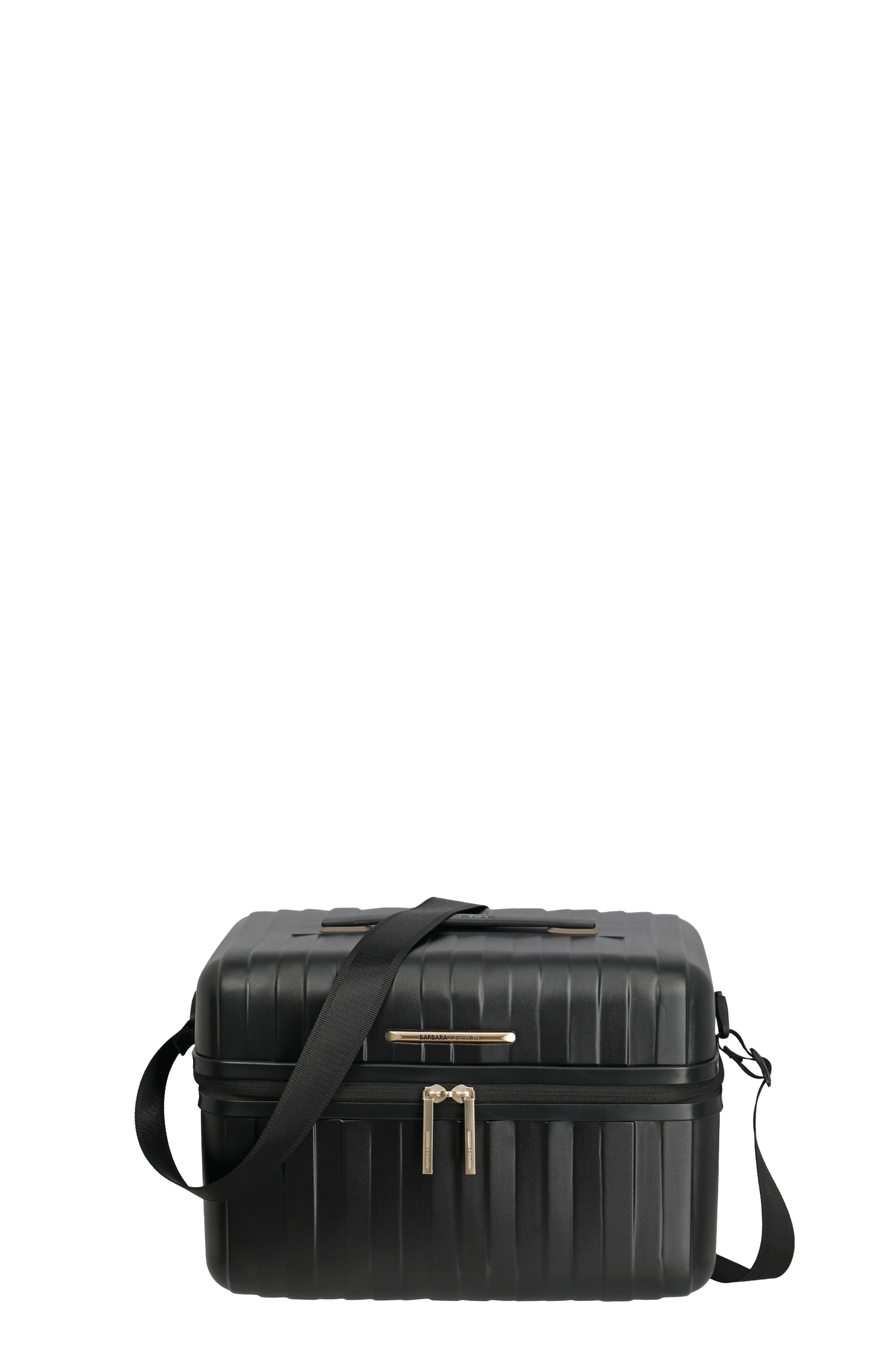 Elegante schwarze Beauty Case Hartschalen-Kosmetiktasche mit Schultergurt und modernem Design Schwarze Beauty Case Hartschalen-Kosmetiktasche mit Schultergurt und goldenen Reißverschlüssen
