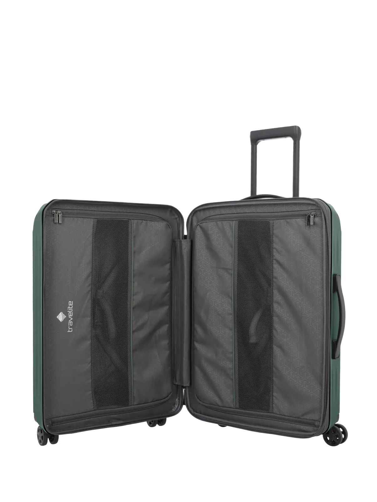 Geöffneter Reisekoffer von travelite mit Innenfächern und Teleskopgriff, ideal zum übersichtlichen Packen