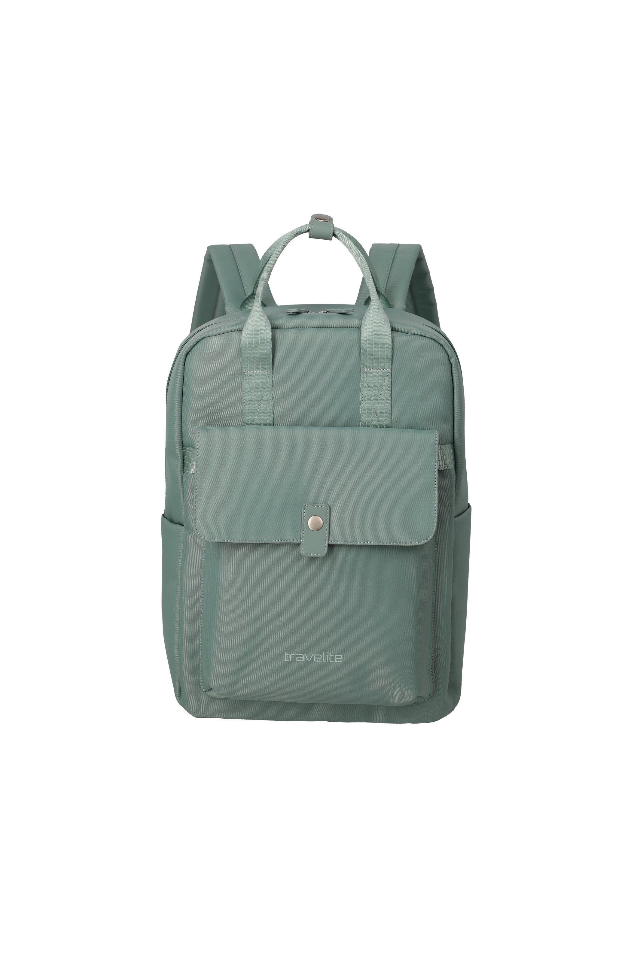 A light green rucksack with carrying handle and shoulder straps can be seen against a white background. A button pocket with "travelite" lettering can be seen at the front. The straps and handles are made of fabric.