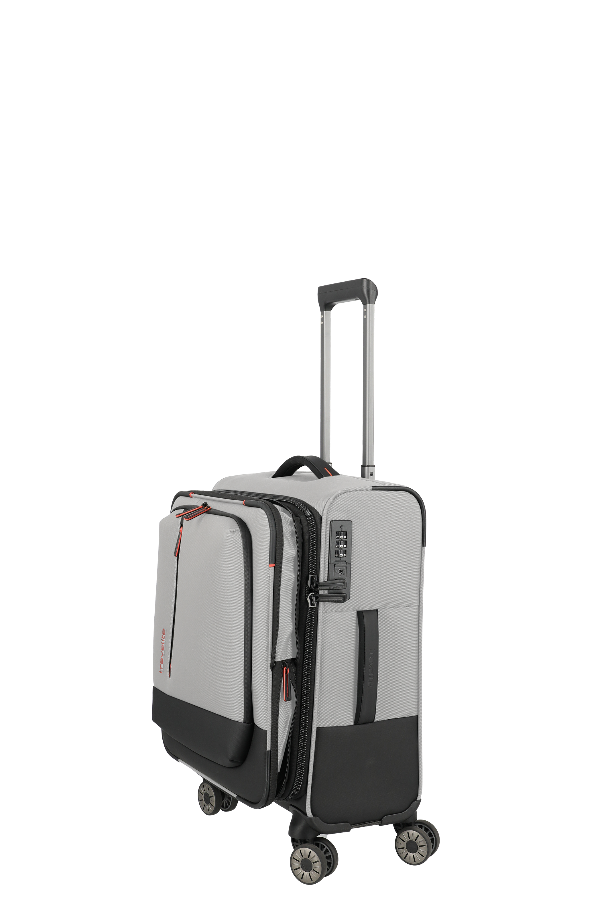 Moderner grauer Handgepäck-Trolley mit vier Rollen und Zahlenschloss