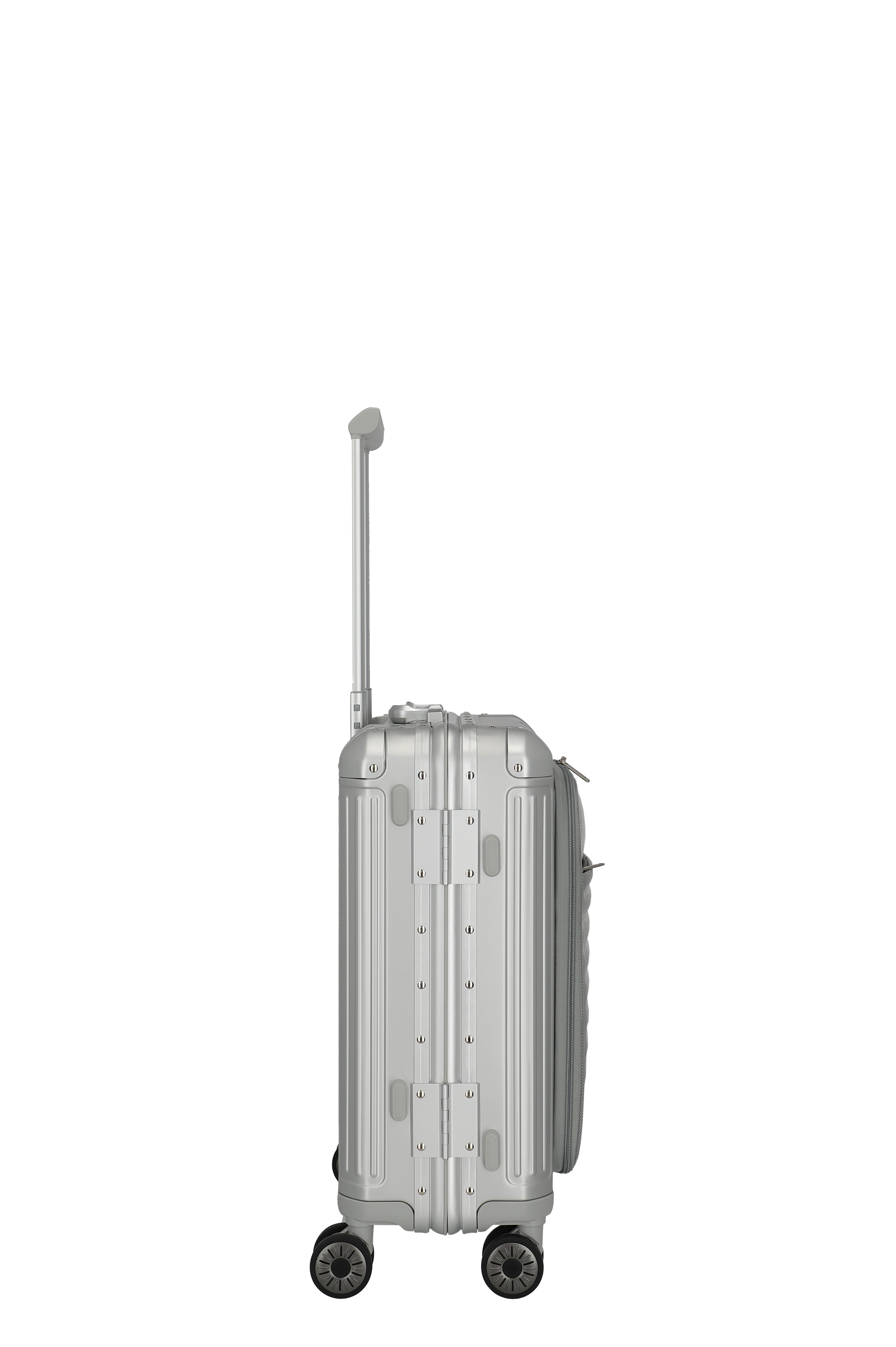 Silberner Hartschalen-Trolley mit vier Rollen und ausziehbarem Griff – Seitenansicht