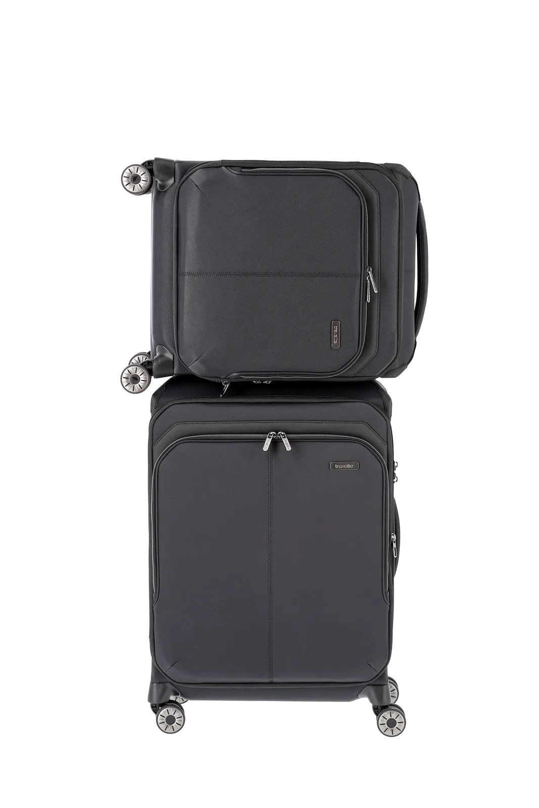 schwarzer Priima Weichgepäck Koffer Frontalansicht mit extra Koffer von travelite Größe S