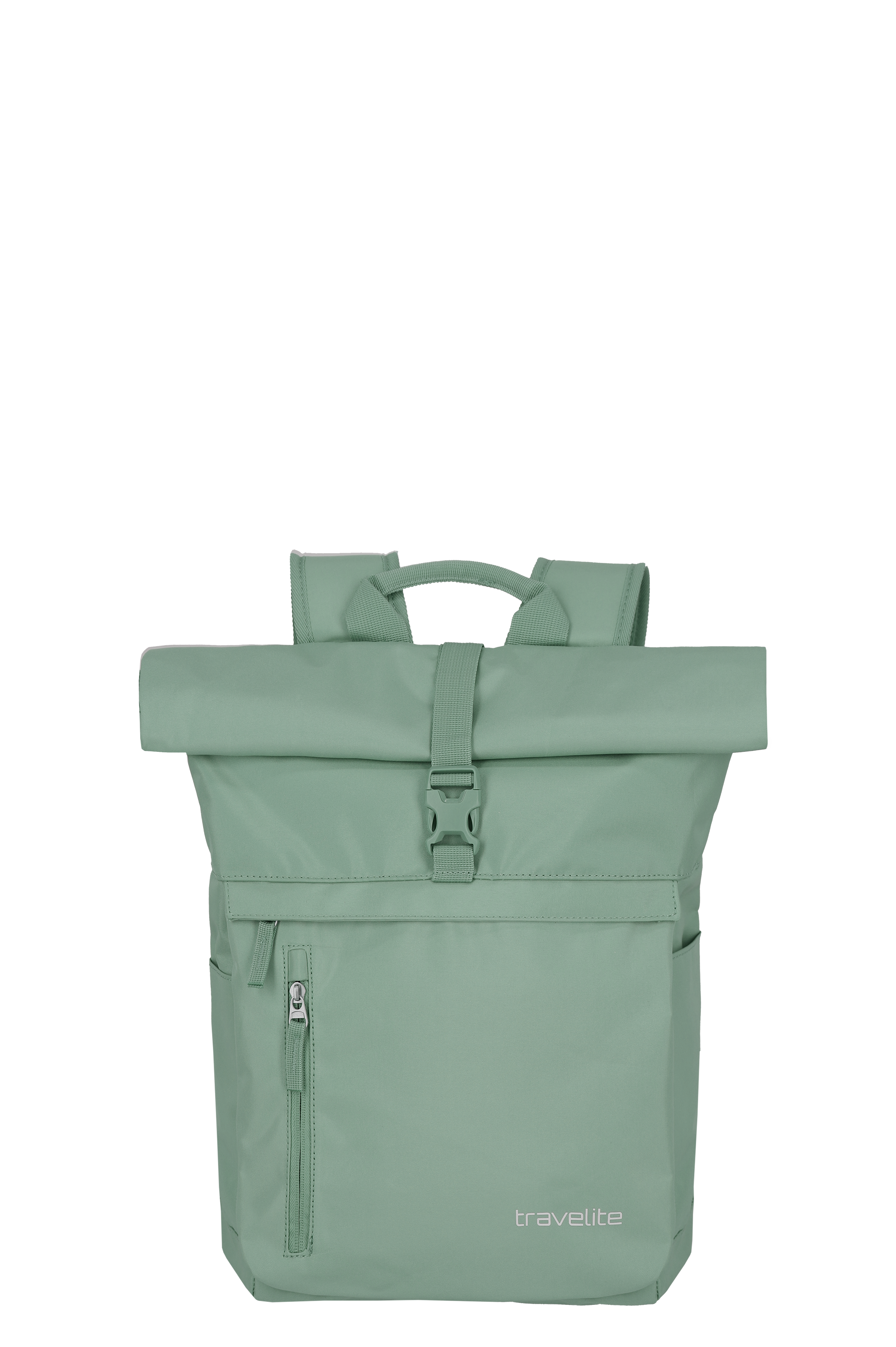 Light green TRAVELITE roll-up backpack against a black background. The backpack has a roll-top opening that is fastened with a strap and buckle. Carrying straps, a zip pocket and a small TRAVELITE logo are also visible.