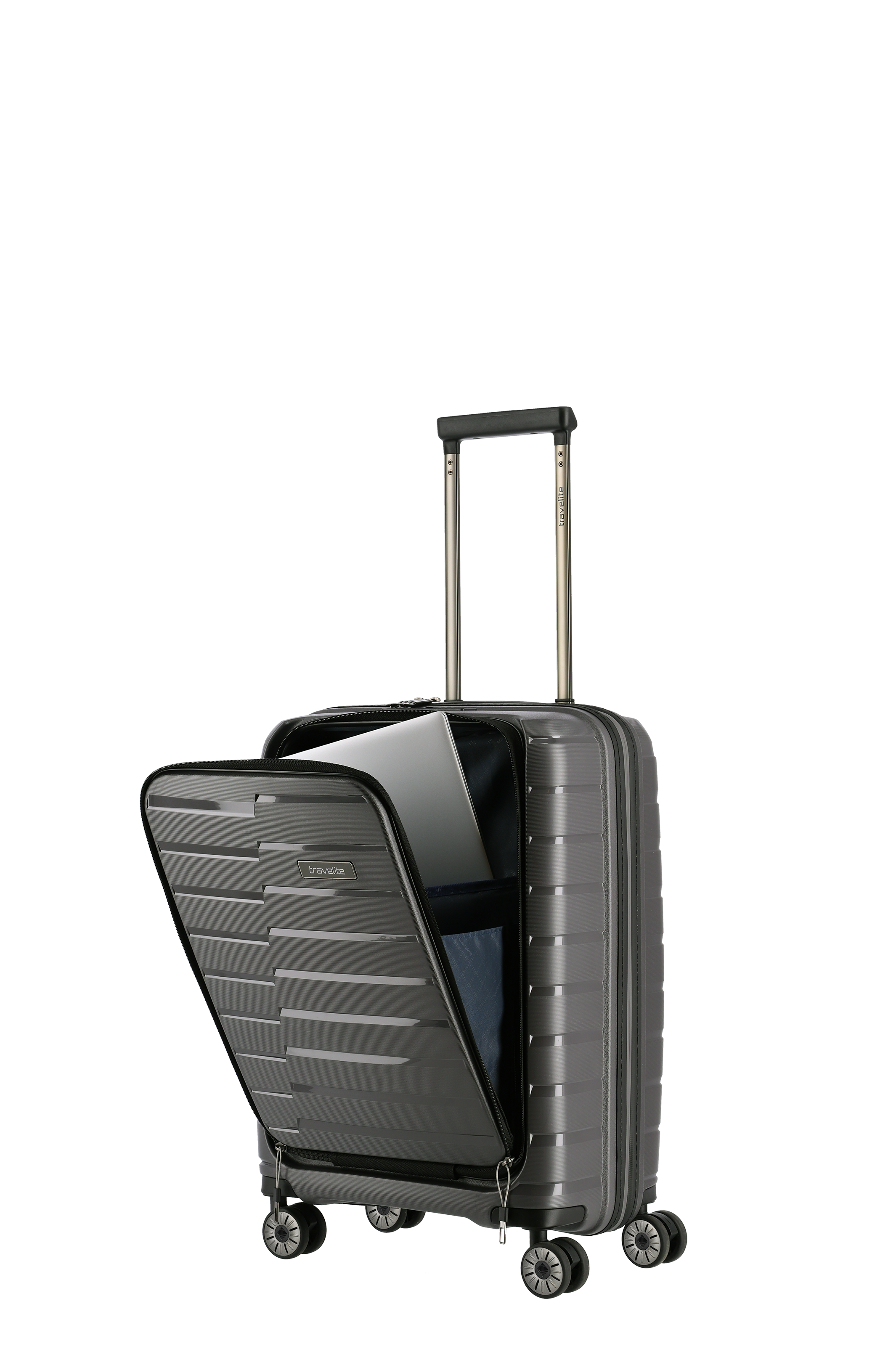 Hartschalen-Kabinentrolley in Grau mit integriertem Laptopfach und Teleskopgriff