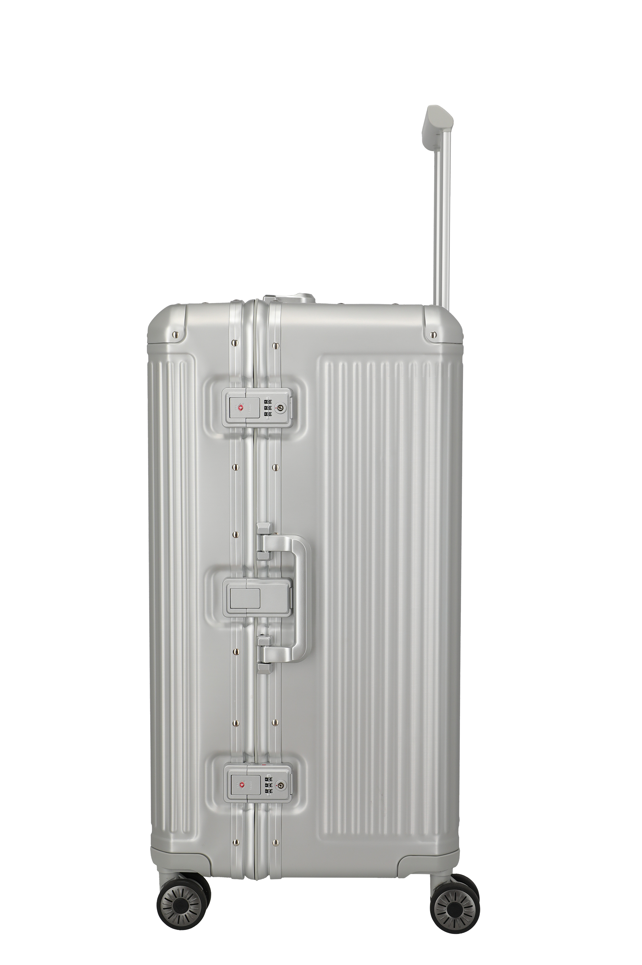 Silberner Hartschalenkoffer mit TSA-Schloss und Teleskopgriff – Seitenansicht