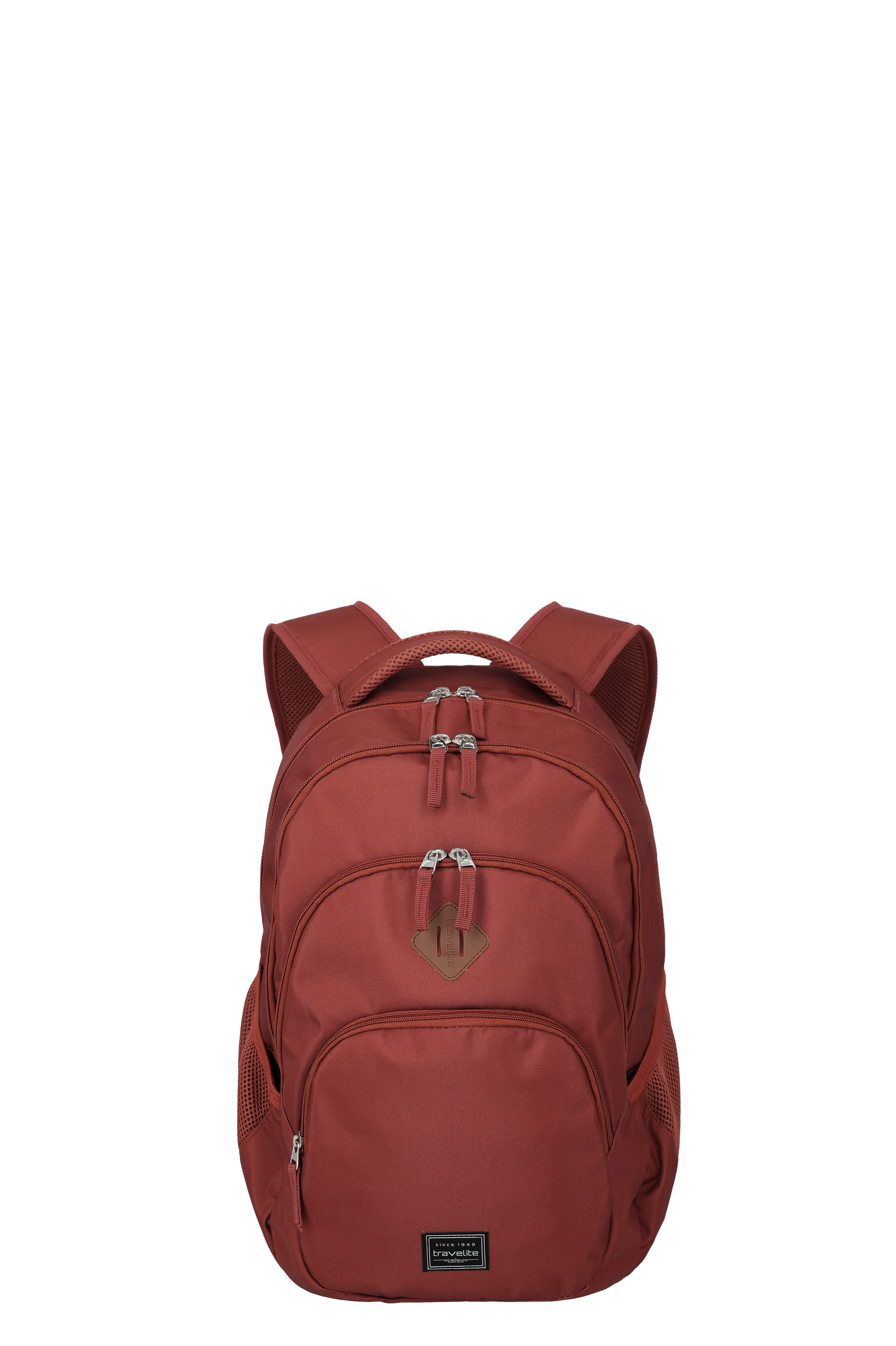 Ein roter Rucksack mit zwei Hauptfächern, einem kleineren Fach unten und zwei kleinen Seitentaschen aus Netzstoff. Der Rucksack hat zwei silberne Reißverschlüsse für jedes Fach, sowie Tragegriffe und Schultergurte.