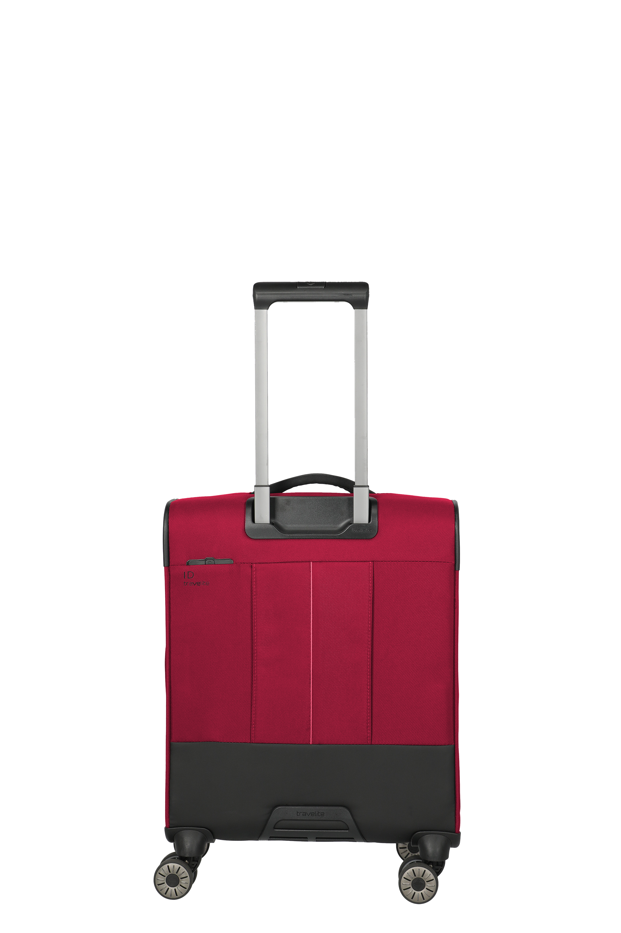 Roter Trolley-Reisekoffer mit ausziehbarem Griff und vier Rollen – Rückansicht