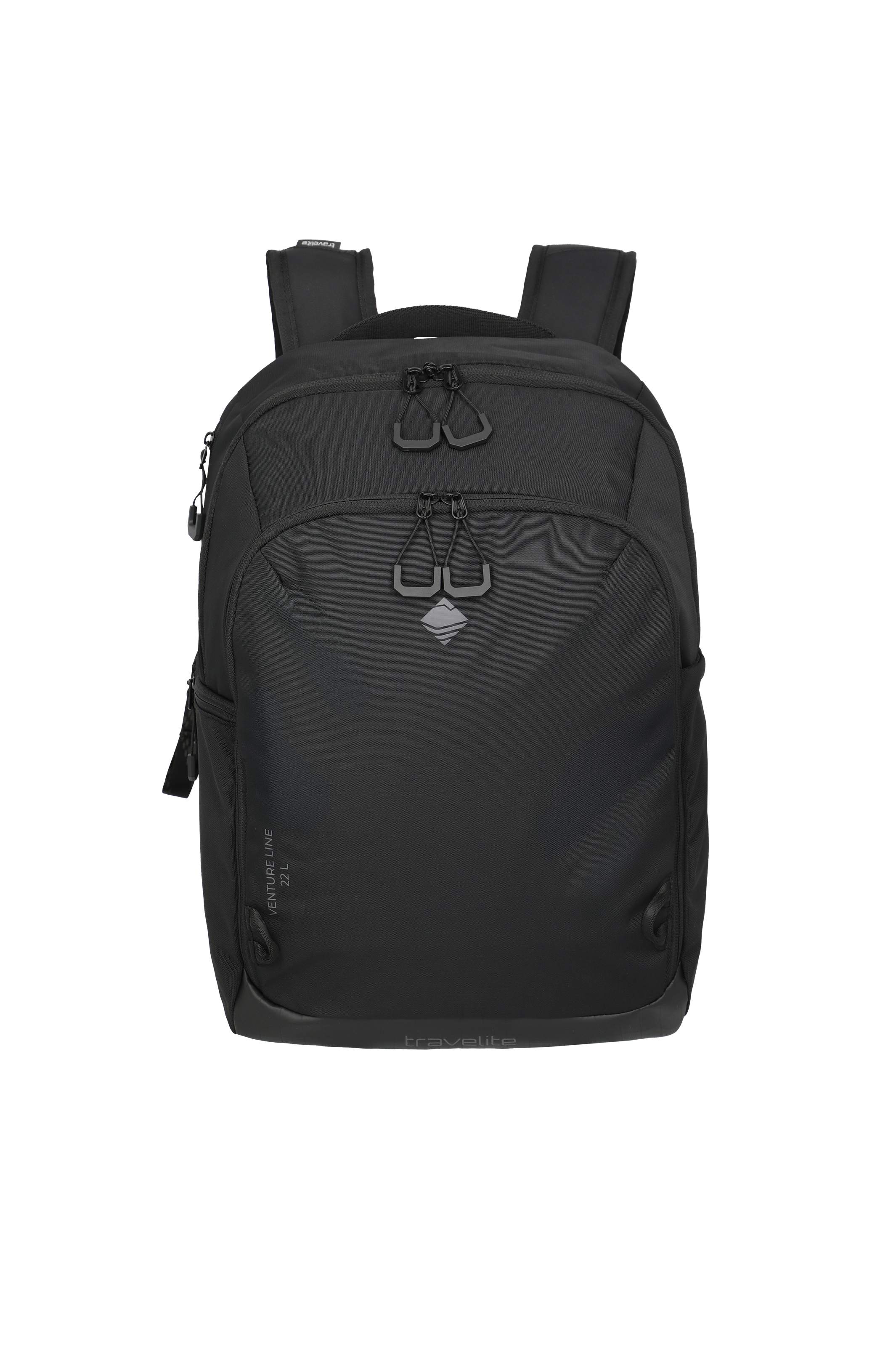 Black backpack from the Travelite brand with two compartments and adjustable straps against a black background. Two zips with straps and a small logo on the lower compartment. "Venture Line 22 L" can be read on the left-hand side.