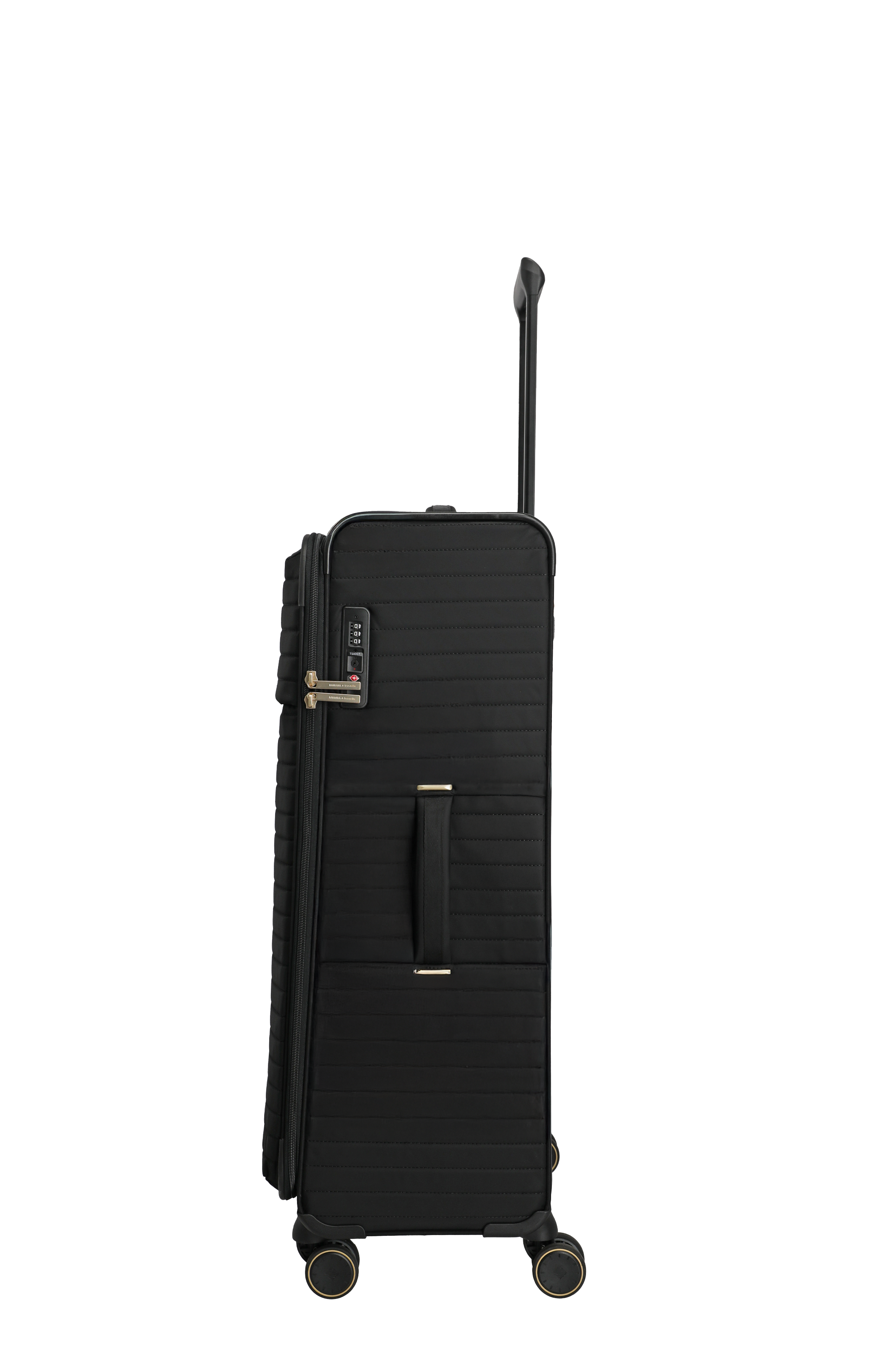 Schwarzer Hartschalen-Trolley mit Kombinationsschloss und vier Rollen – Seitenansicht