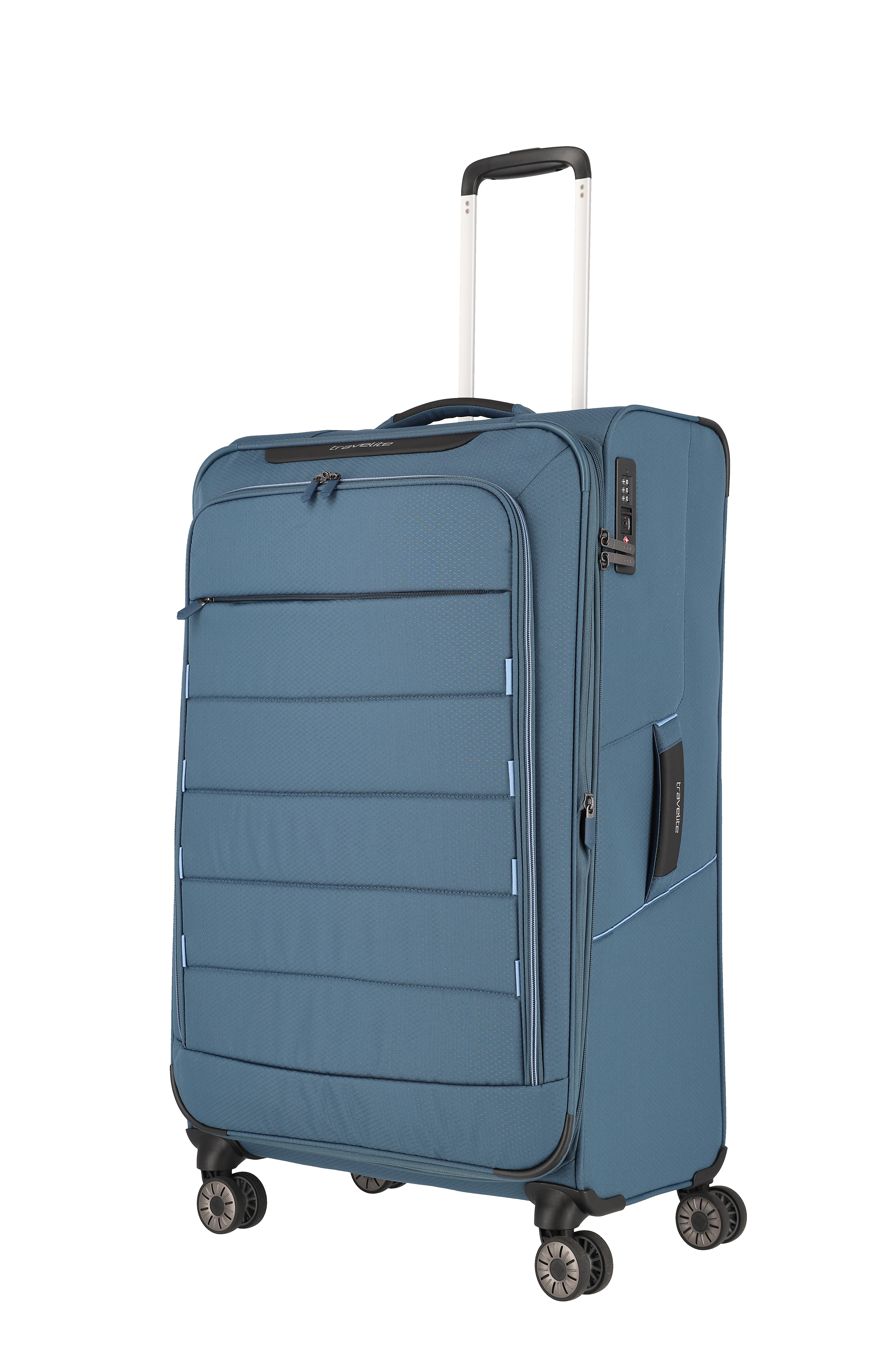 Großer blauer Trolley-Koffer mit vier Rollen und ausziehbarem Griff für Reisen