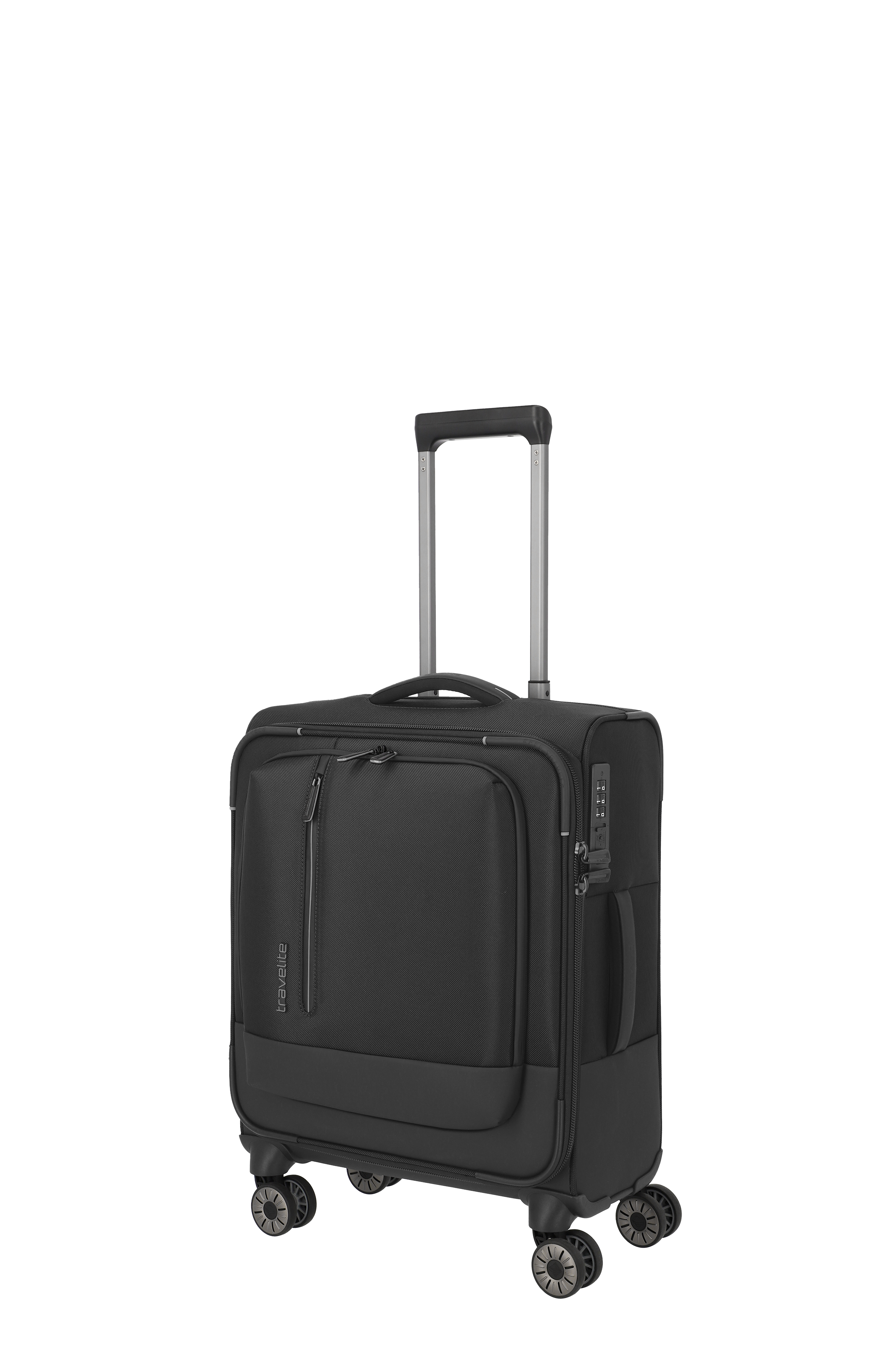 Schwarzer Kabinen-Trolley mit 4 Rollen und Teleskopgriff, ideal als Handgepäck für Reisen