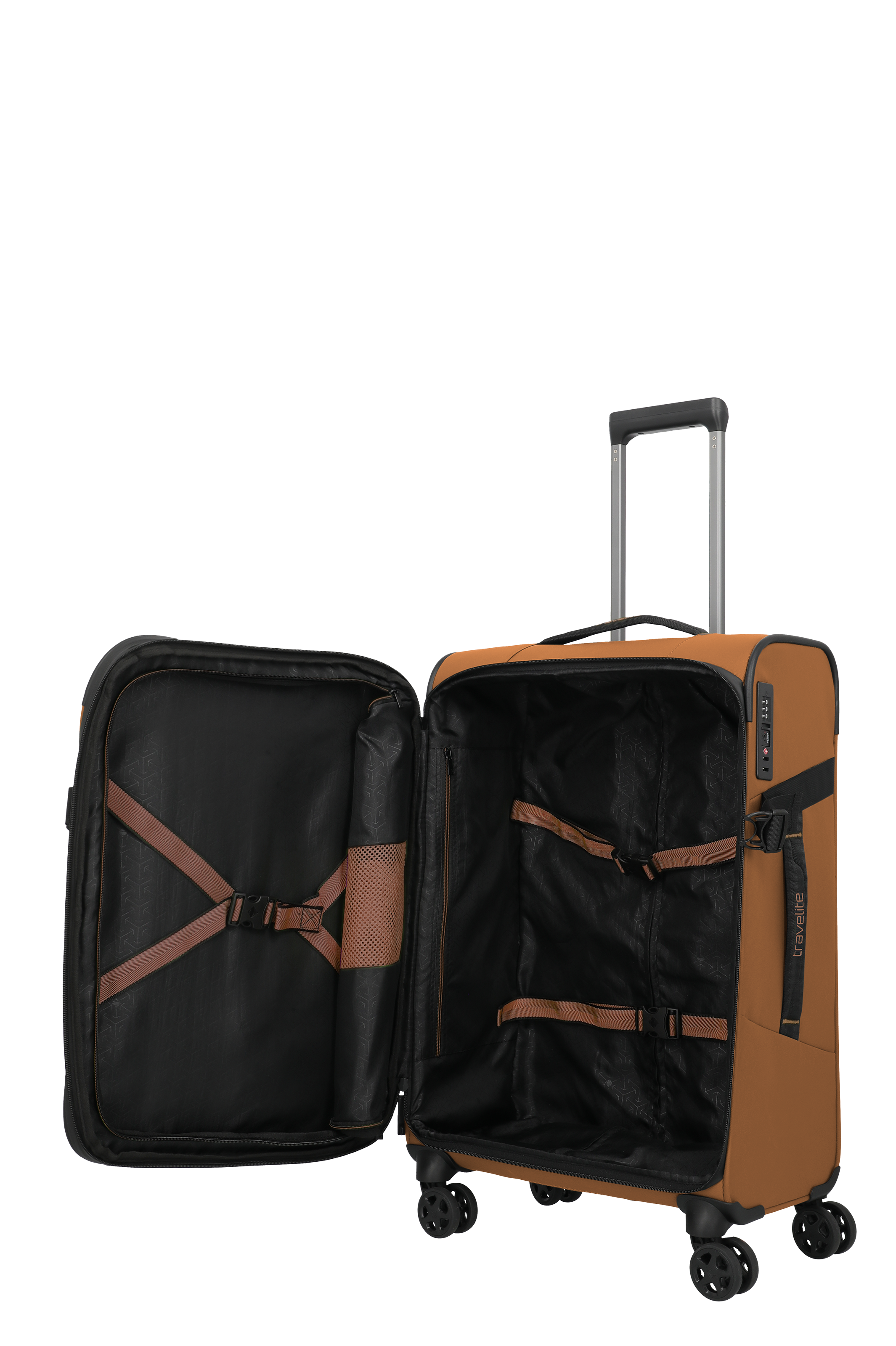Brauner Trolley-Koffer mit vier Rollen und geöffnetem Innenraum, praktische Packgurte und Netzfächer sichtbar