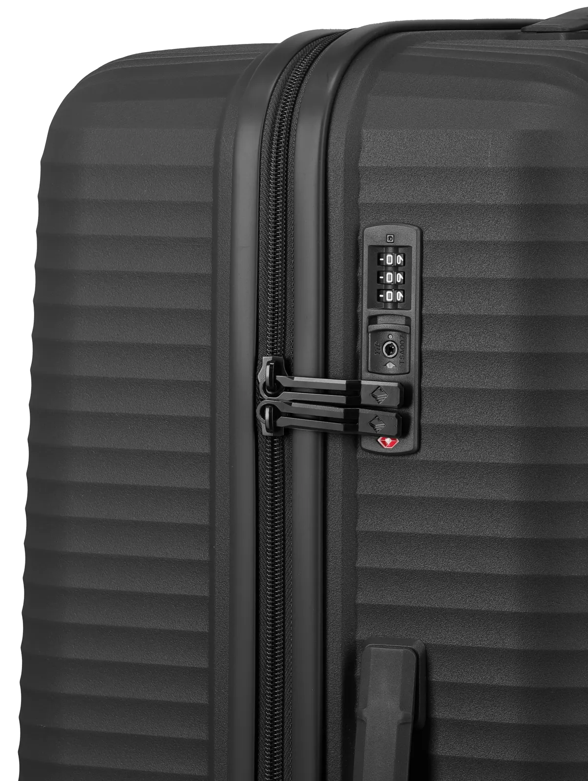 Detailansicht eines schwarzen Hartschalenkoffers mit Zahlenschloss und TSA-Sicherheitsschloss