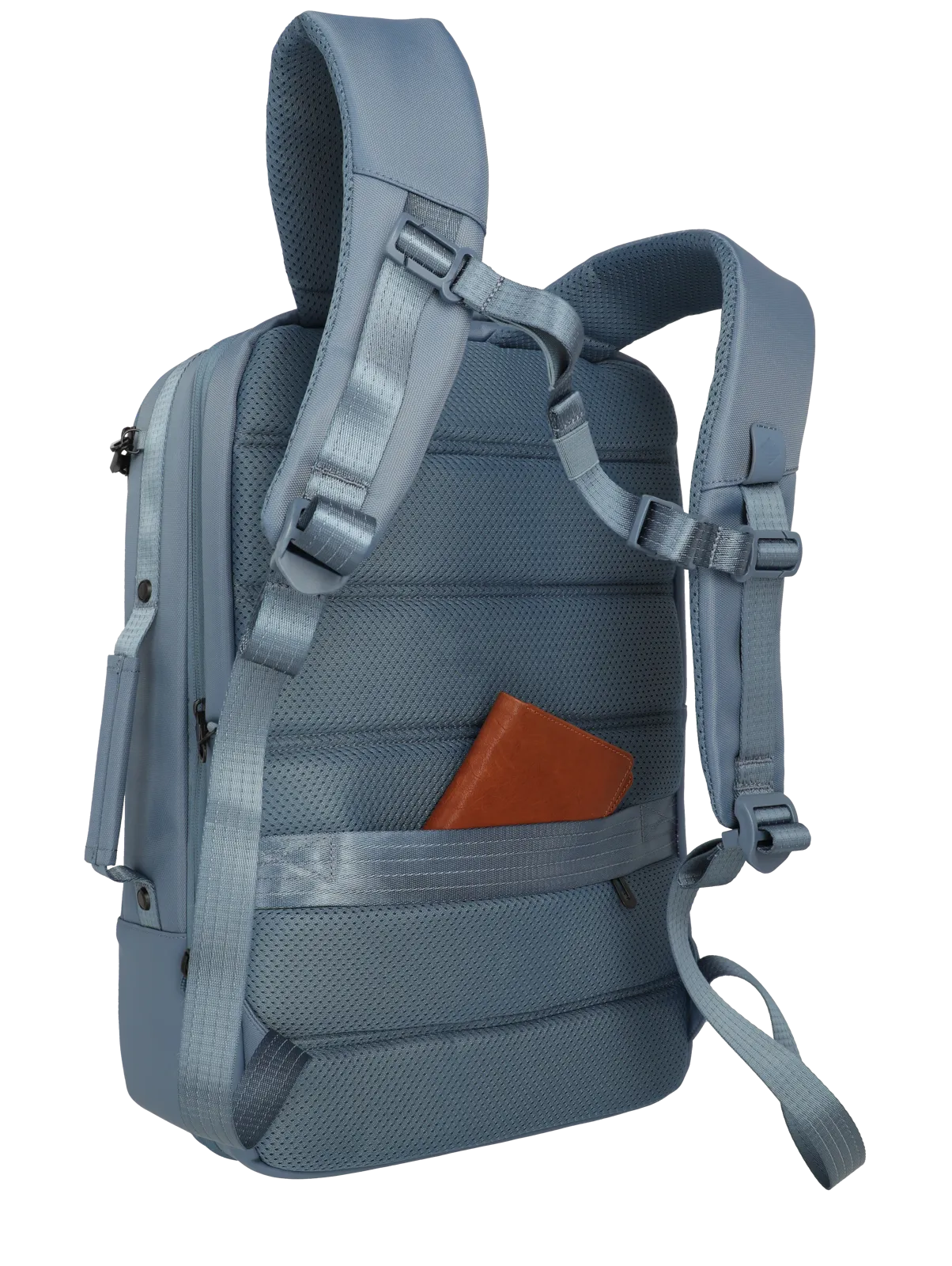 Rückansicht eines modernen, blauen Rucksacks mit verstecktem Fach und brauner Geldbörse Blauer Rucksack von hinten mit verstellbaren Trägern und einer braunen Geldbörse im versteckten Reißverschlussfach