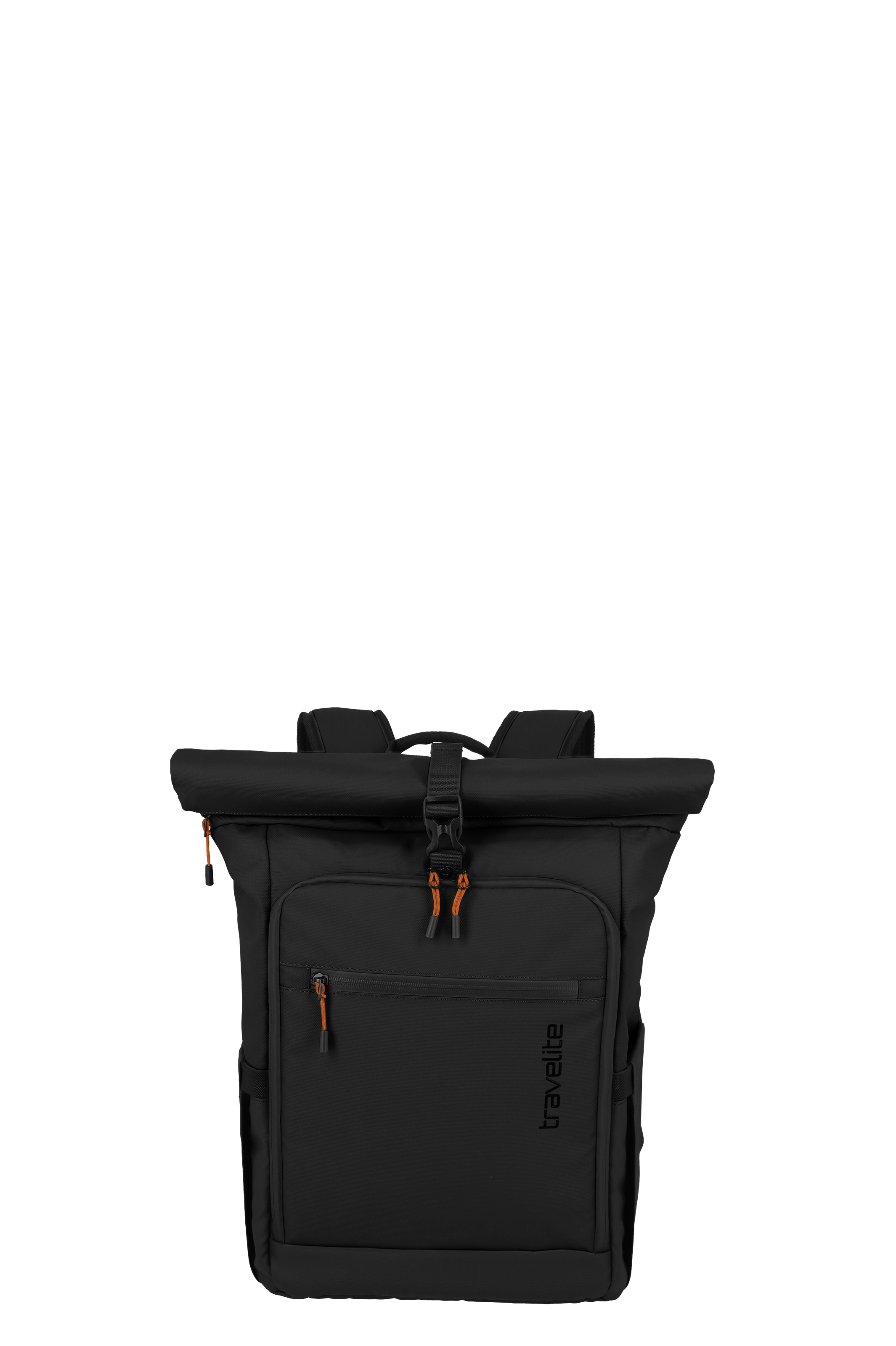 Sac à dos Rollup M noir de TRAVELITE avec des accents orange. Le sac à dos a une extrémité supérieure roulée qui se ferme avec une sangle et une boucle. Une poche zippée se trouve sur le devant.