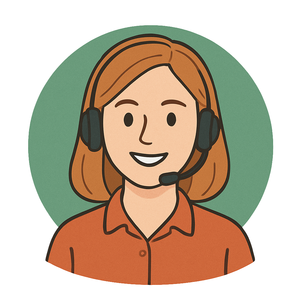 Comicdarstellung einer Frau mit Headset, umgeben von einem grünen Kreis. Sie hat braune, schulterlange Haare und trägt eine orangefarbene Bluse. Ihr freundliches Gesicht zeigt ein Lächeln.