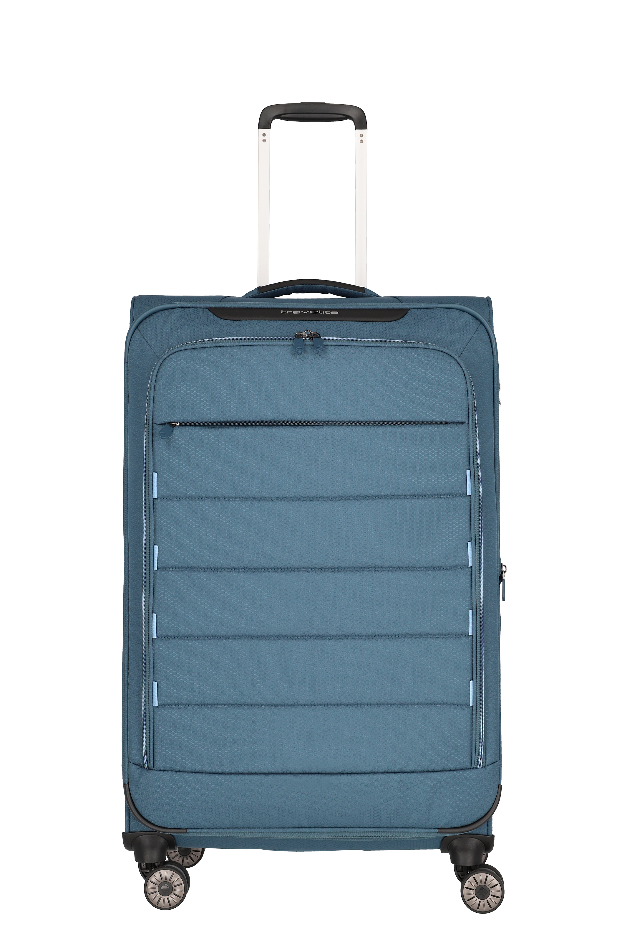 Blauer Rollkoffer mit Teleskopgriff und vier Doppelrollen, ideal für Reisen und als Gepäckstück im Urlaub