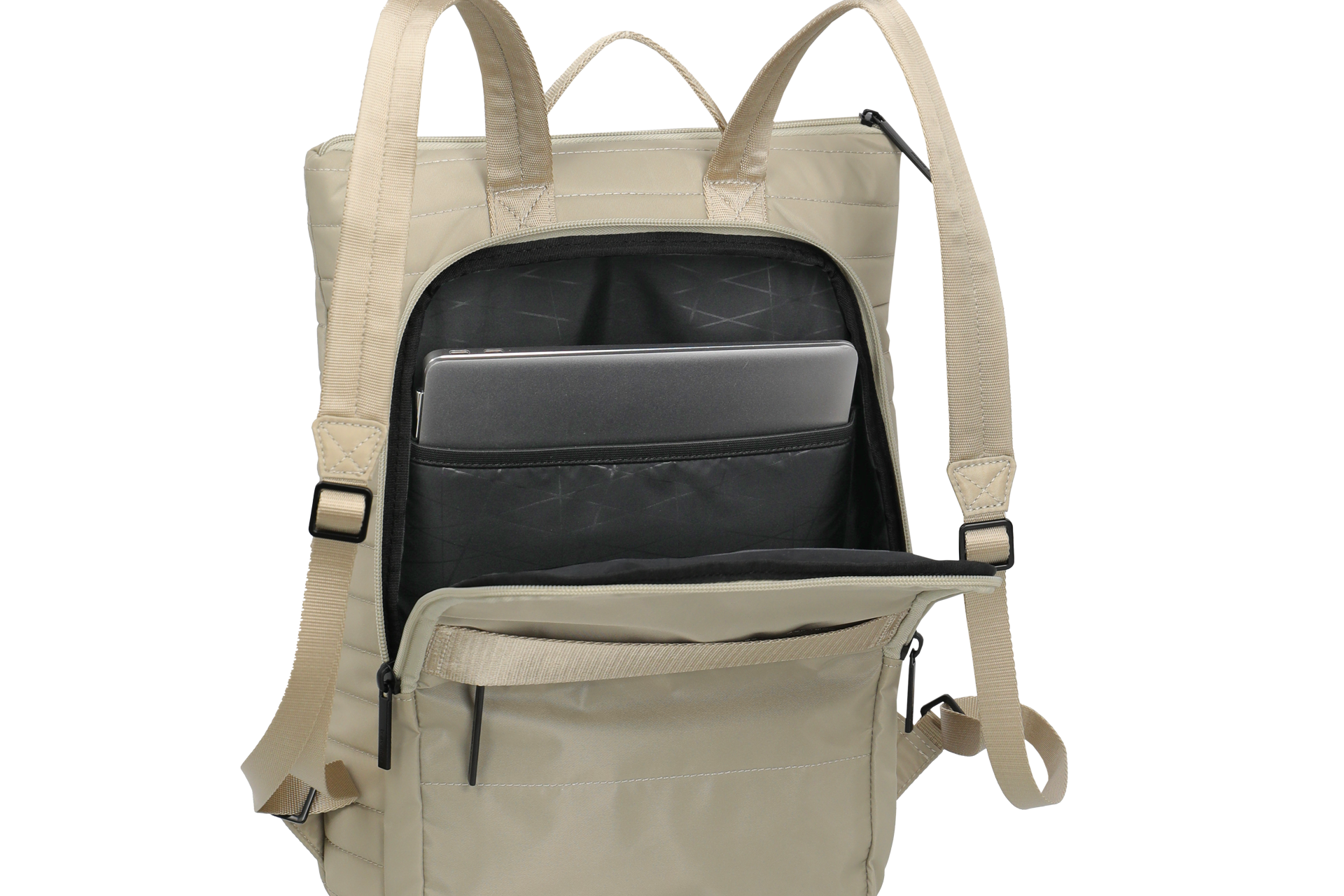 Beiger Rucksack mit geöffnetem Fach und integriertem Laptopfach Beiger Rucksack mit geöffnetem Hauptfach, in dem ein Laptop gut geschützt verstaut ist
