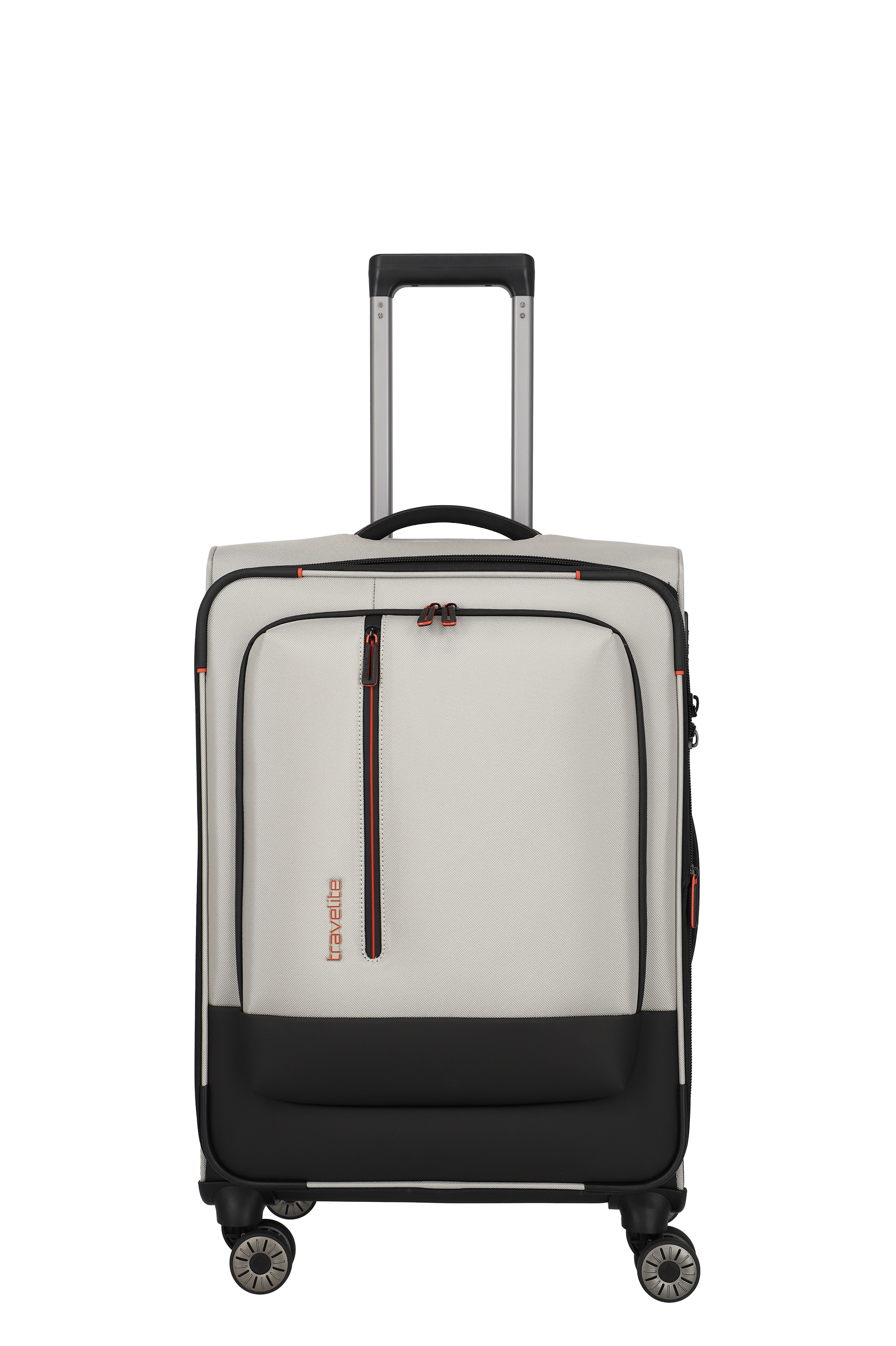 Travelite Weichschalen-Trolley in Beige mit vier Rollen und Fronttasche Beiger Travelite Weichschalen-Trolley mit vier Rollen und praktischer Fronttasche, Teleskopgriff ausgezogen